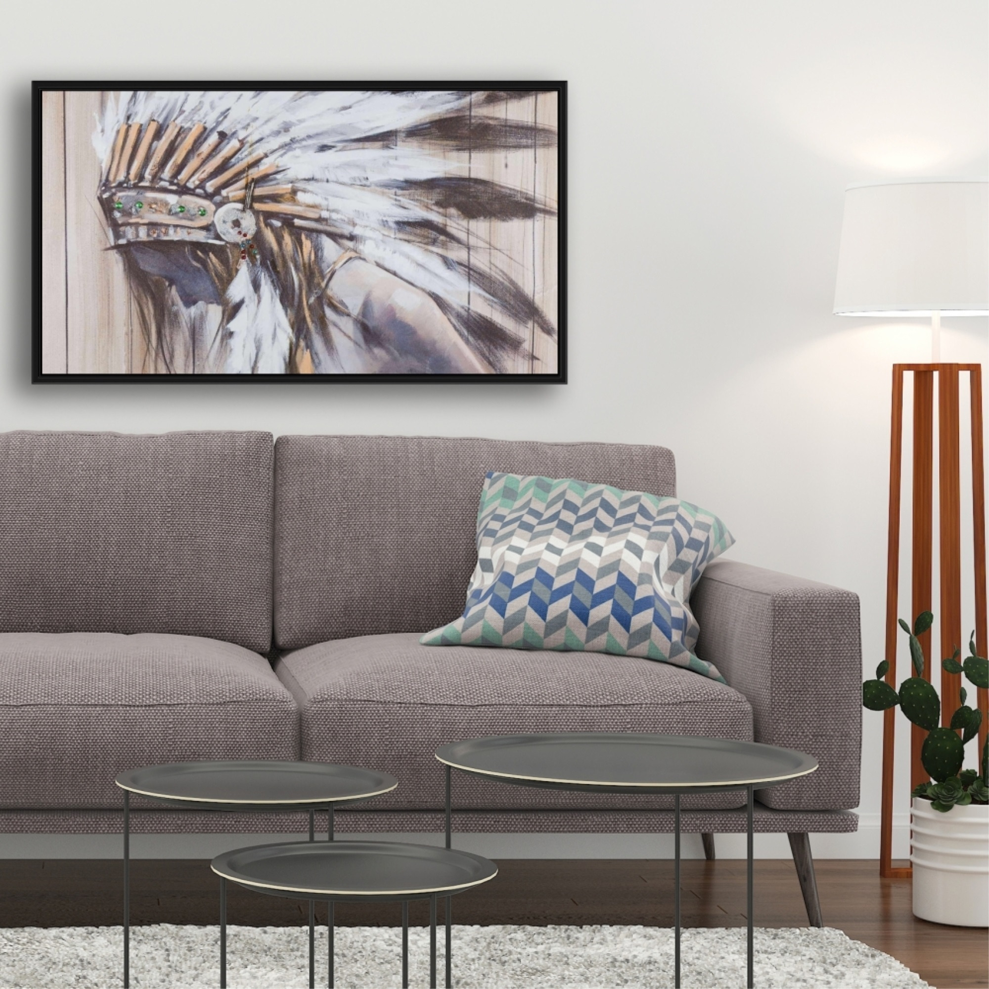 INDIAN WITH FEATHERS - Framed Print on canvas by Begin Edition