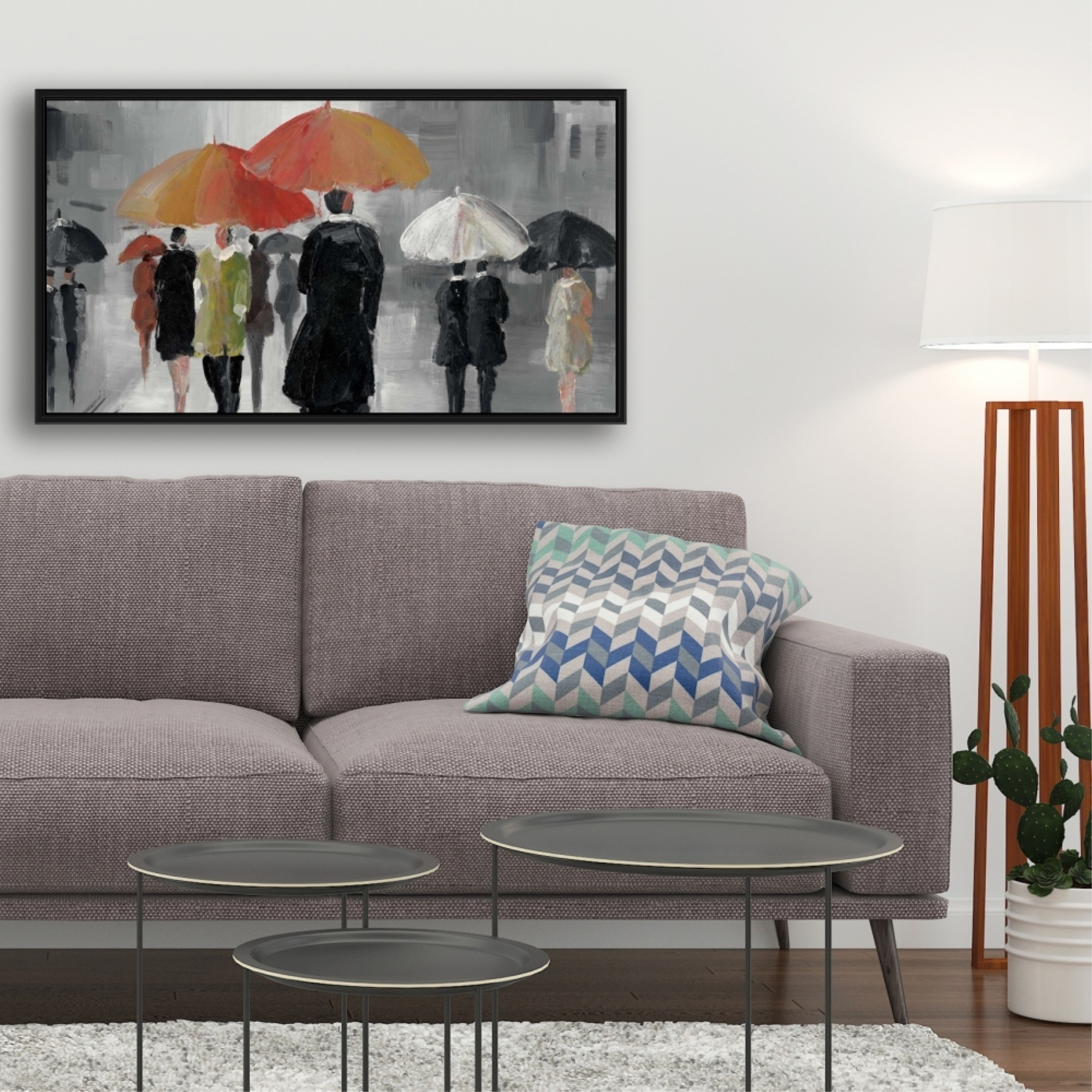 STREET SCENE WITH UMBRELLAS - Framed Print on canvas by Begin Edition