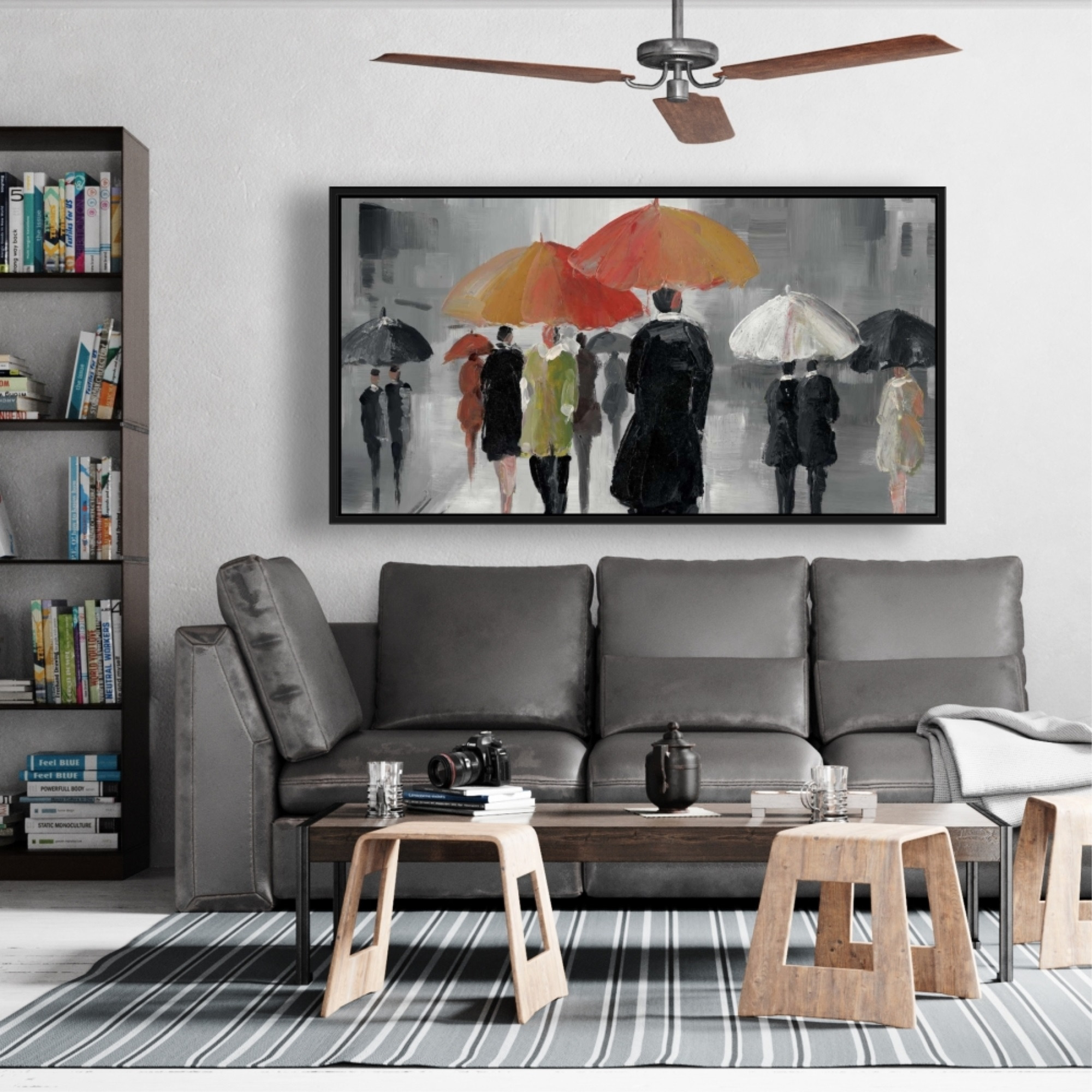 STREET SCENE WITH UMBRELLAS - Framed Print on canvas by Begin Edition