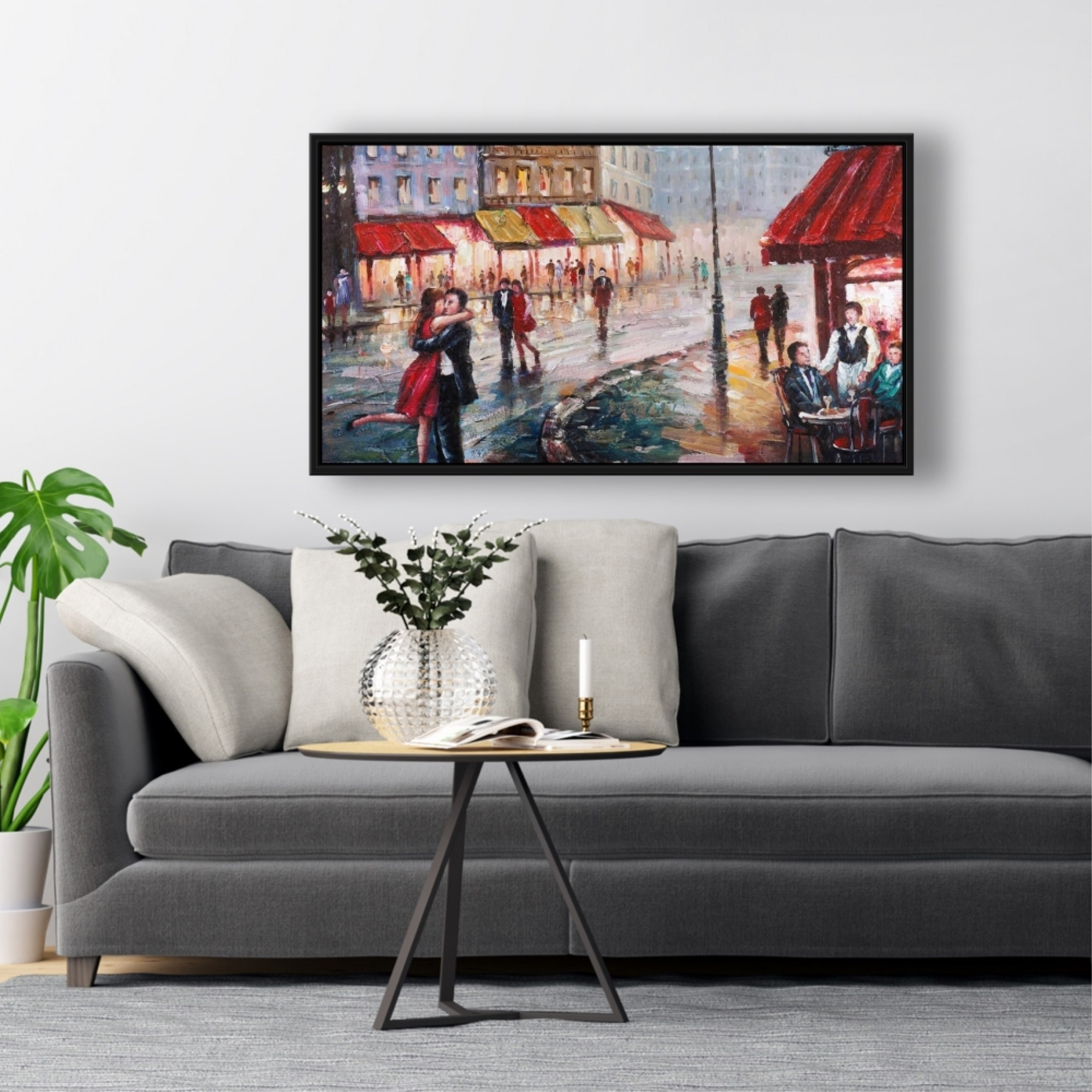 COUPLE KISSING IN THE STREET - Framed Print on canvas by Begin Edition
