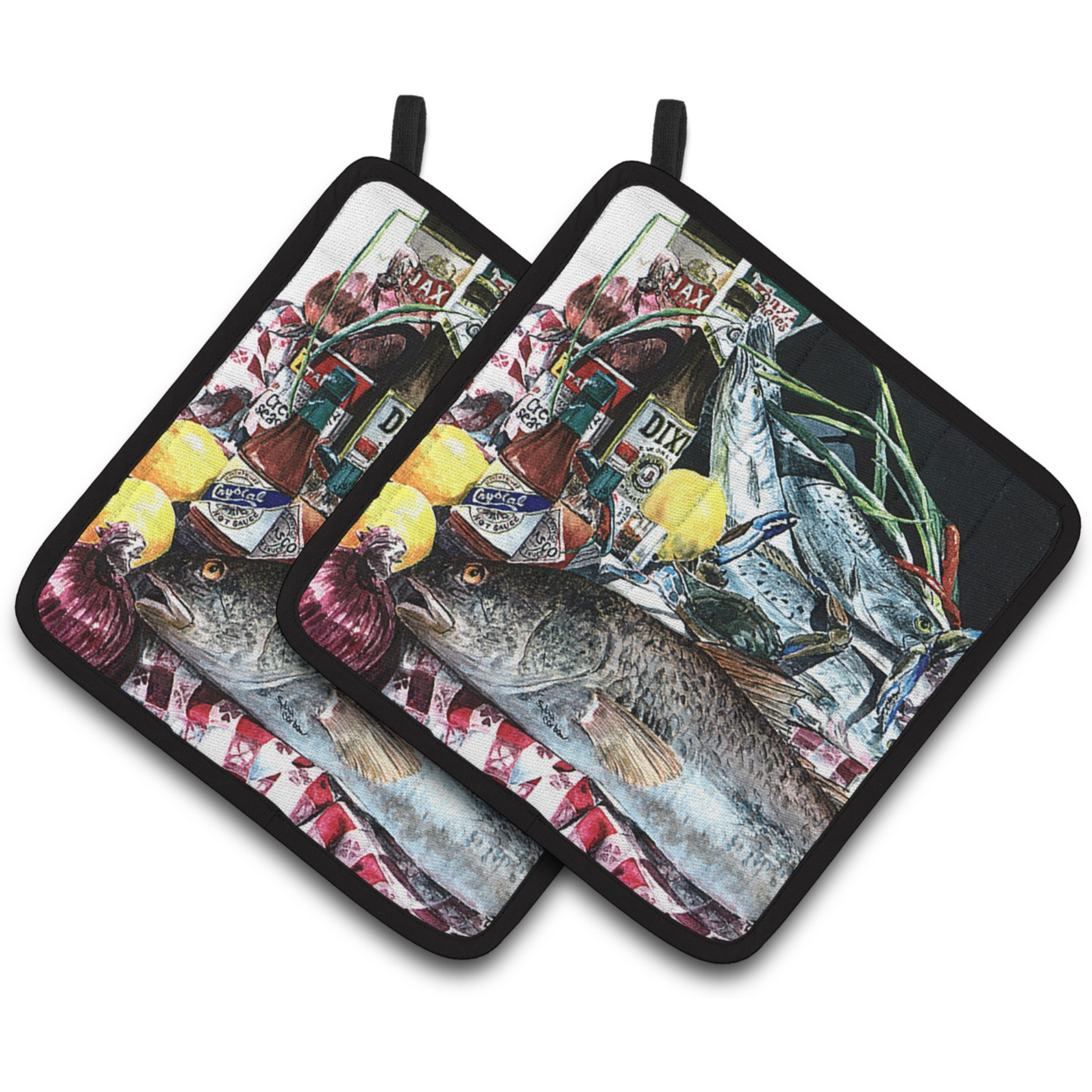 &quotCaroline's Treasures Fish & Beers From New Orleans Pair of Pot Holders 1001PTHD, 7.5HX7.5W, Multicolor"