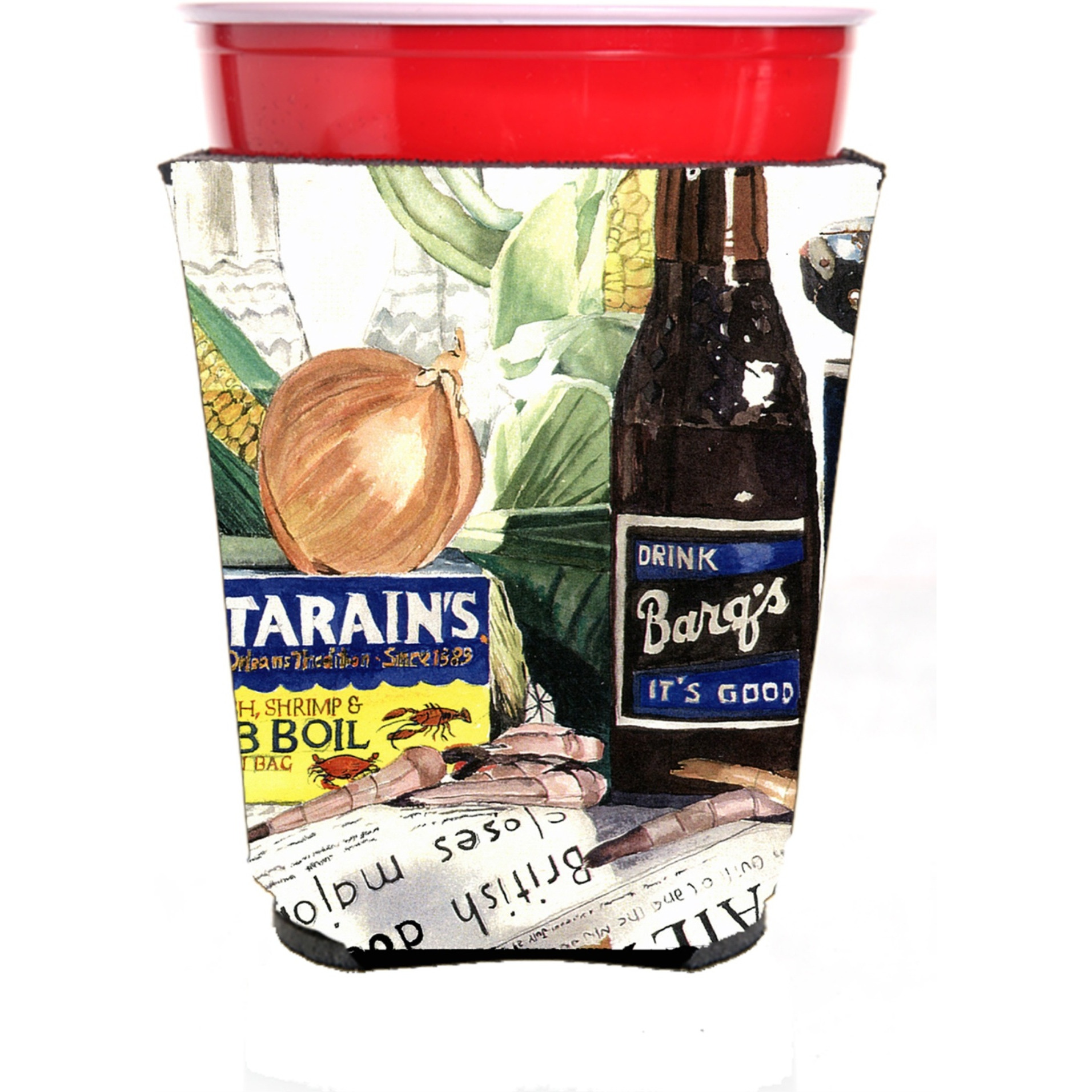 &quotBarq's, Crabs, and spices Red Solo Cup Beverage Insulator Hugger"