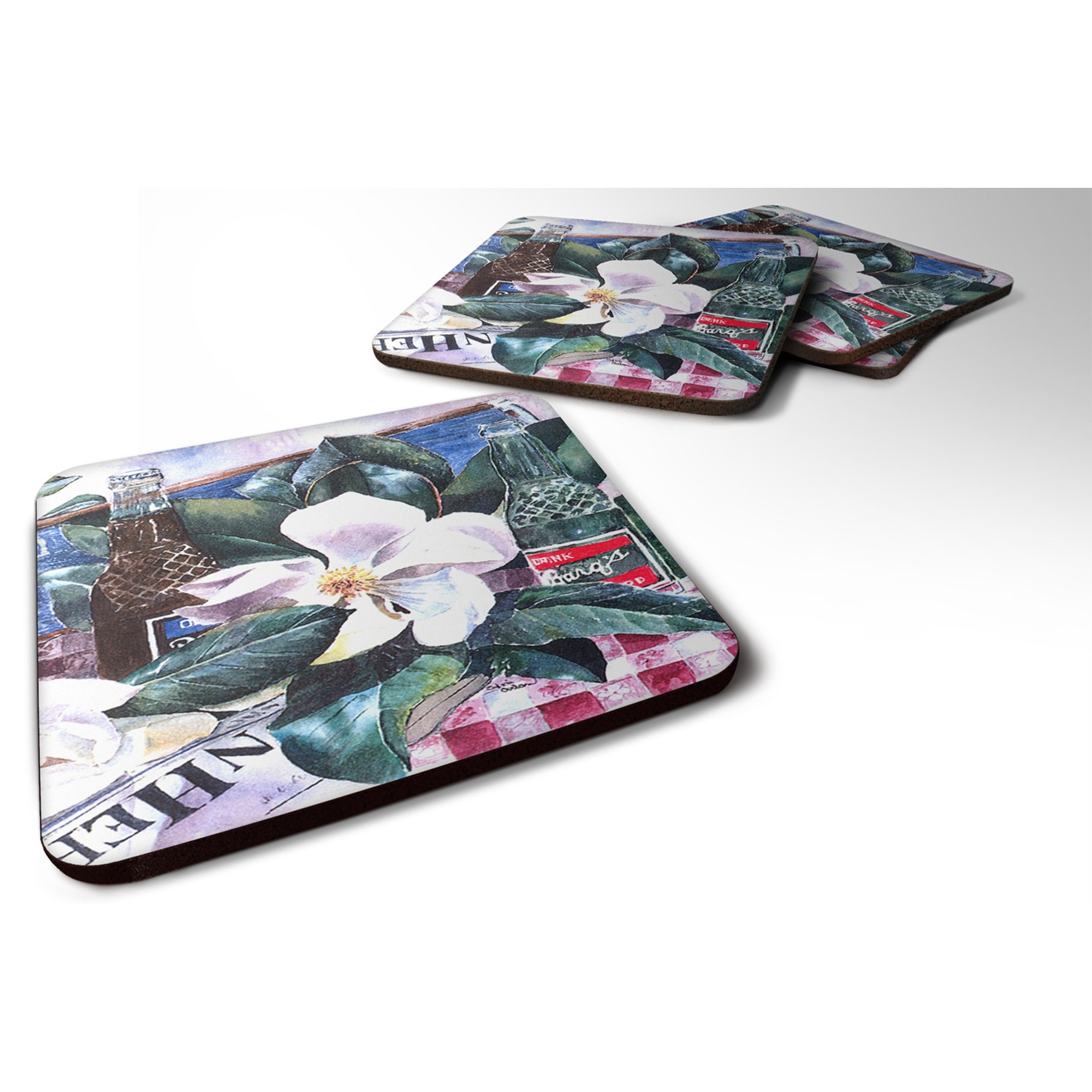 &quotCaroline's Treasures 1009FC Barq's and Magnolia Foam Coasters (Set of 4), 3.5"" H x 3.5"" W, Multicolor"