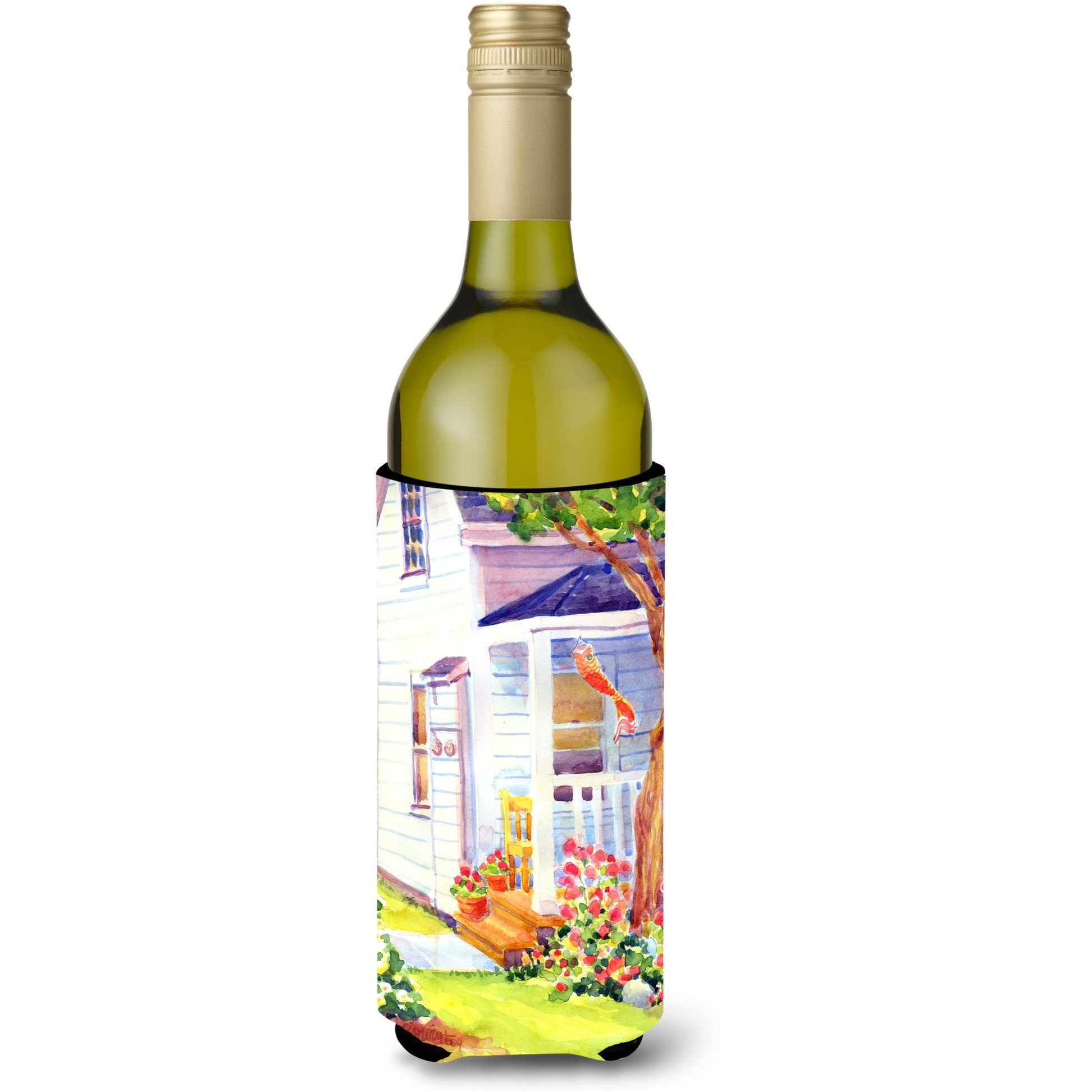 White Cottage at the beach Wine Bottle Beverage Insulator Beverage Insulator Hugger