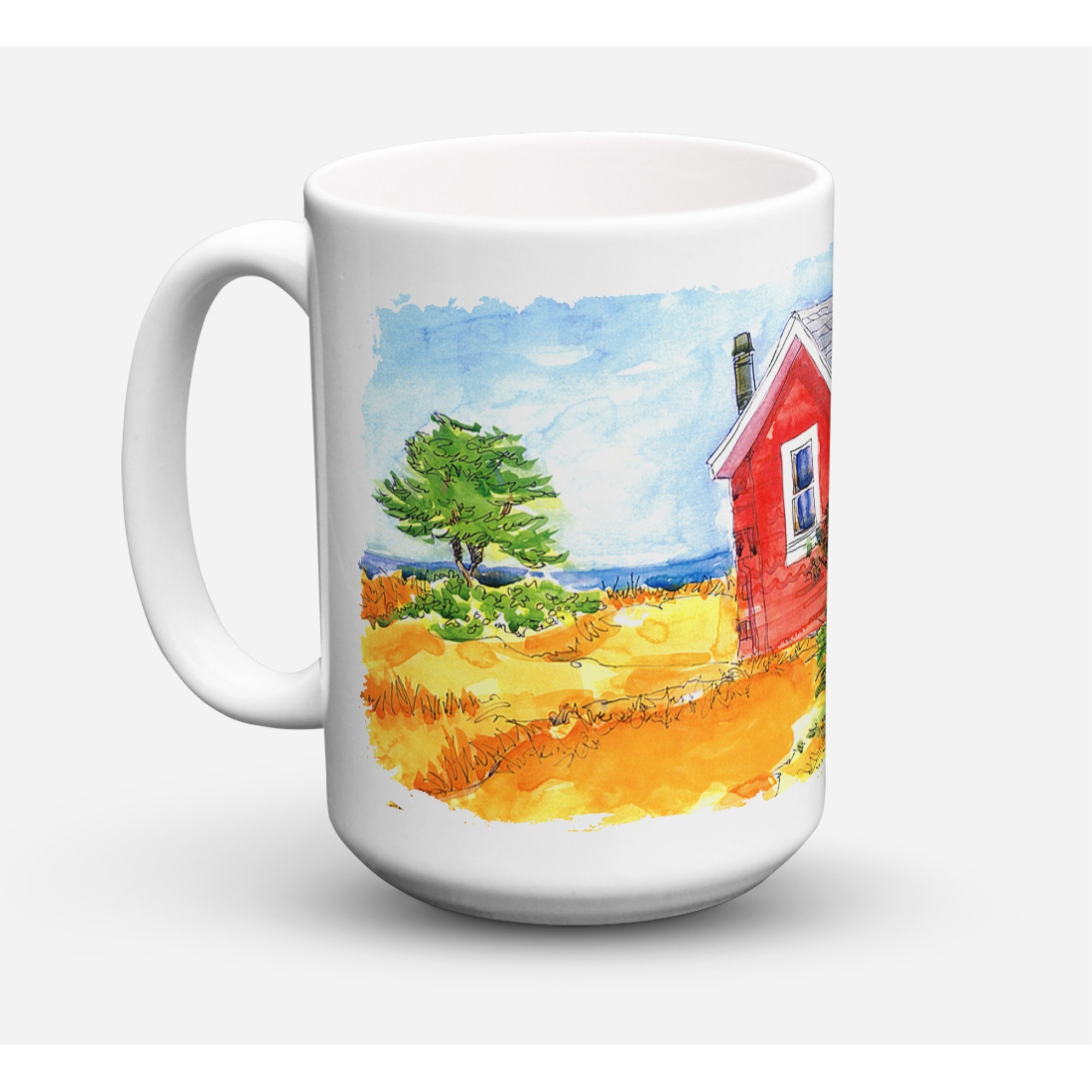 &quotCaroline's Treasures 6041CM15 Old Red Cottage House At The Lake Or Beach Microwavable Ceramic Coffee Mug, 15 oz, Multicolor"