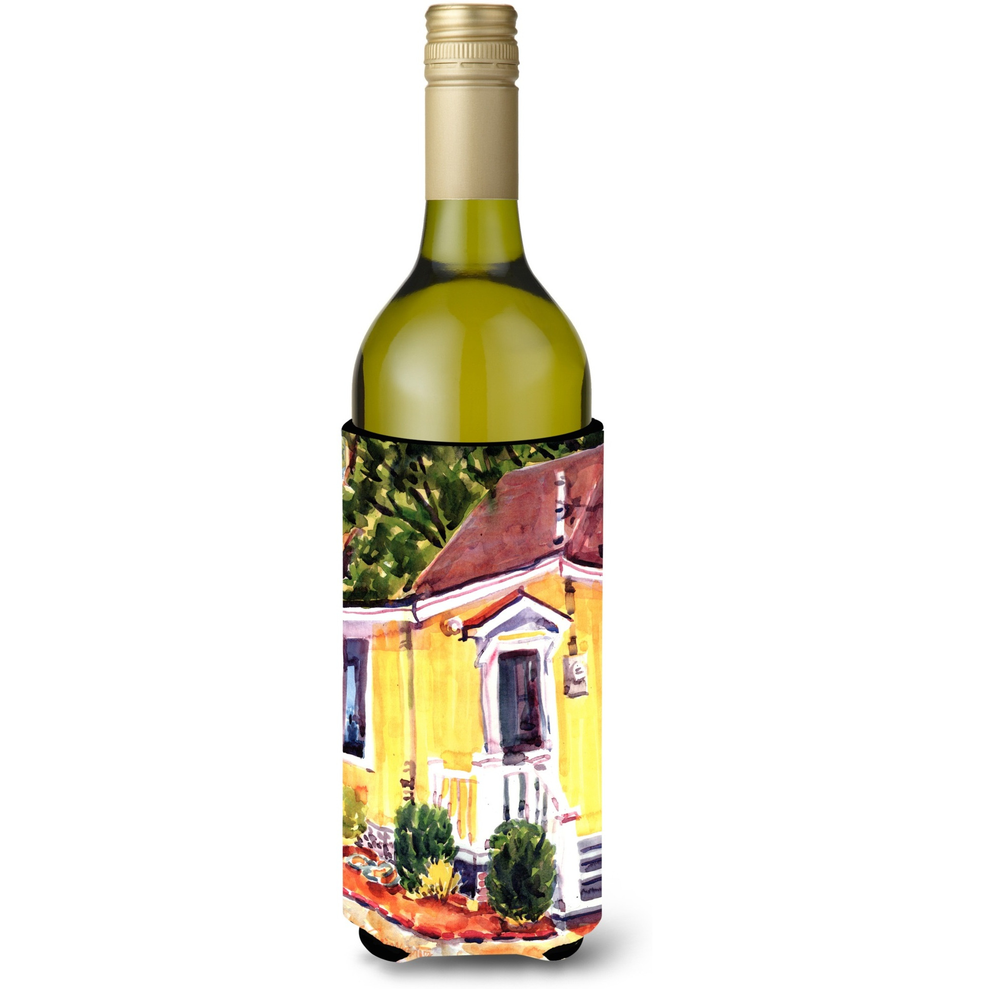 Yellow Cottage at the Beach Wine Bottle Beverage Insulator Beverage Insulator Hugger