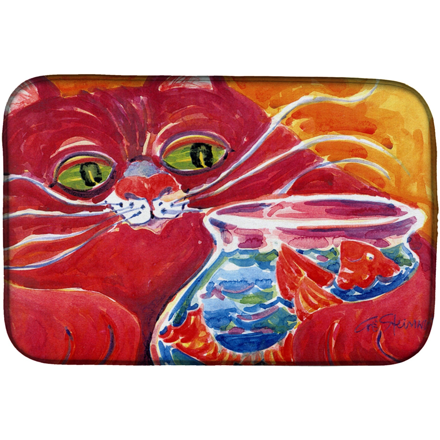 &quotCaroline's Treasures Big Red Cat At The Fishbowl Dish Drying Mat, 14"" x 21"", Multicolor"