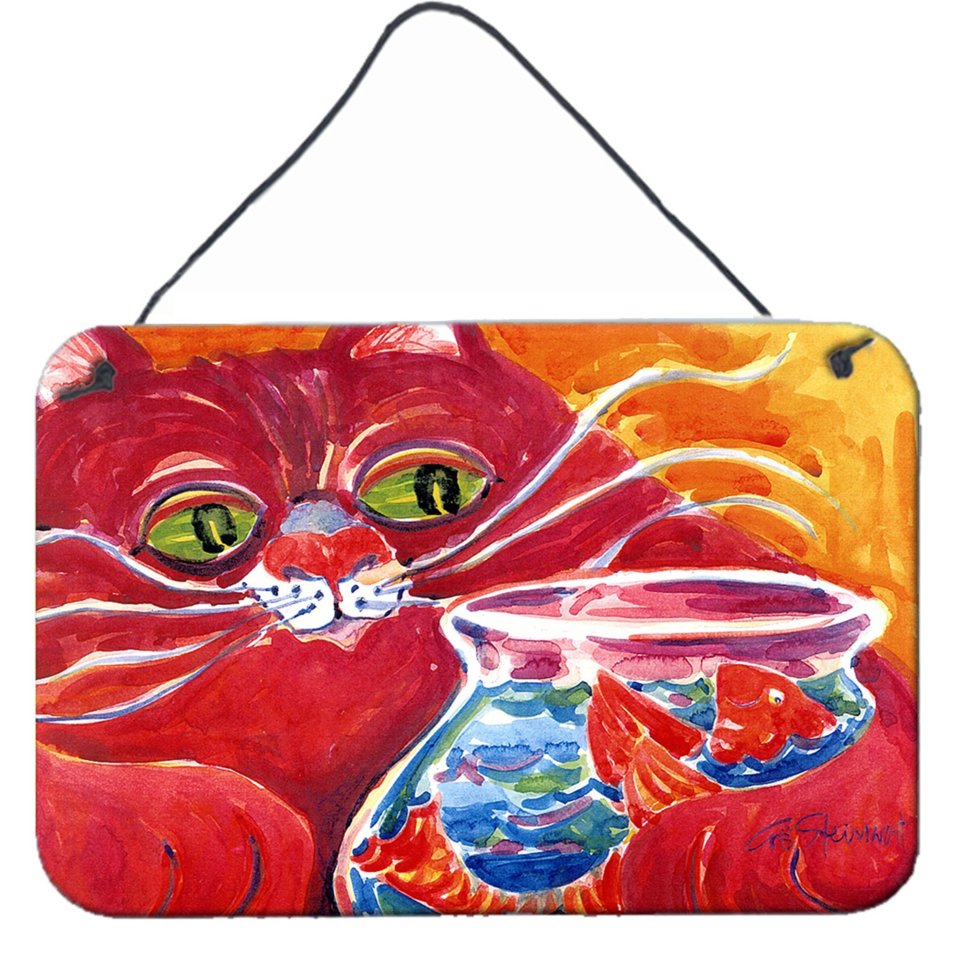 &quotCaroline's Treasures Big Red Cat at The Fishbowl Indoor Aluminum Metal Wall or Door Hanging Prints, 8 x 12"", Multicolor"