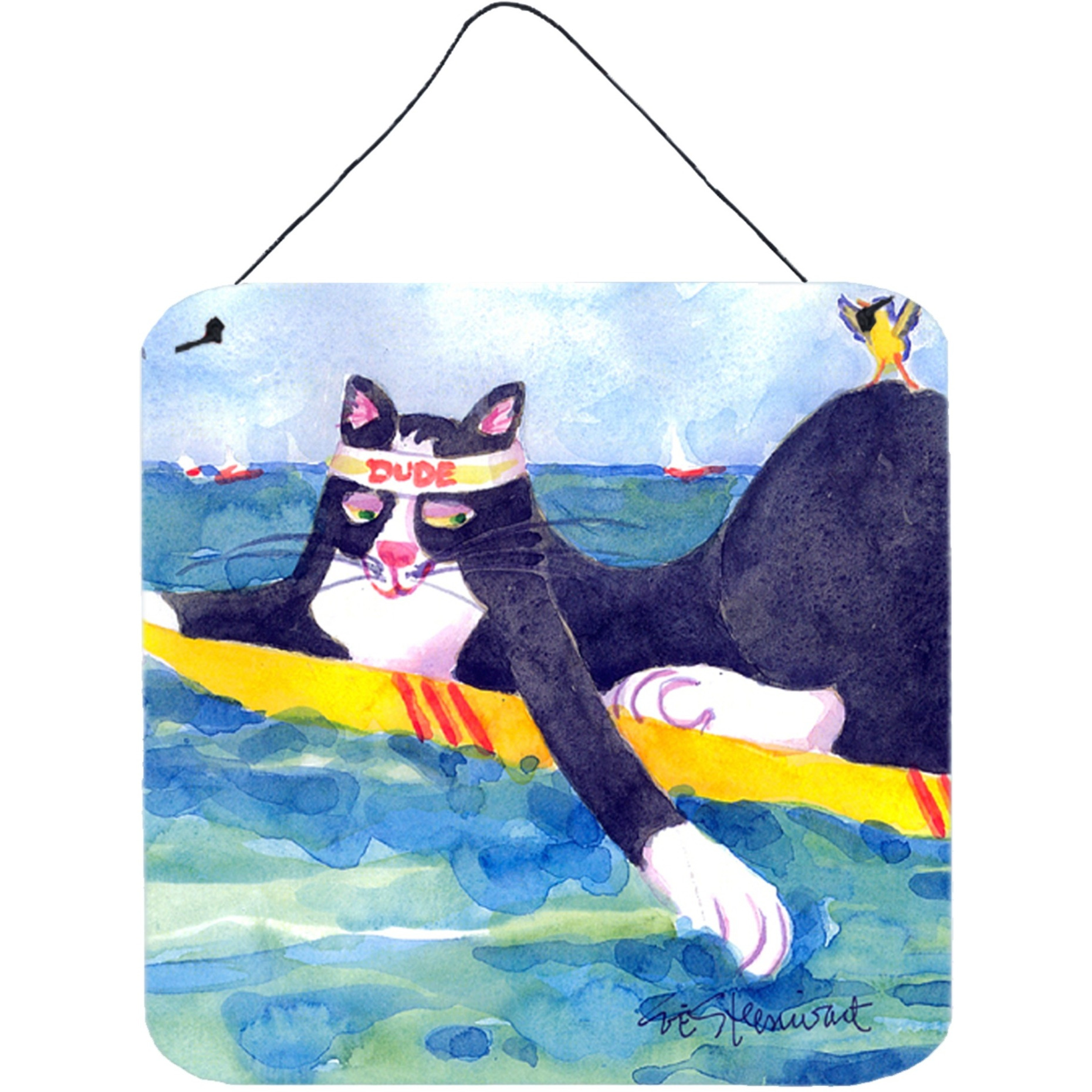 &quotCaroline's Treasures Black and White Cat Surfing Bird Aluminum Metal Wall or Door Hanging Prints, 6 x 6"", Multicolor"