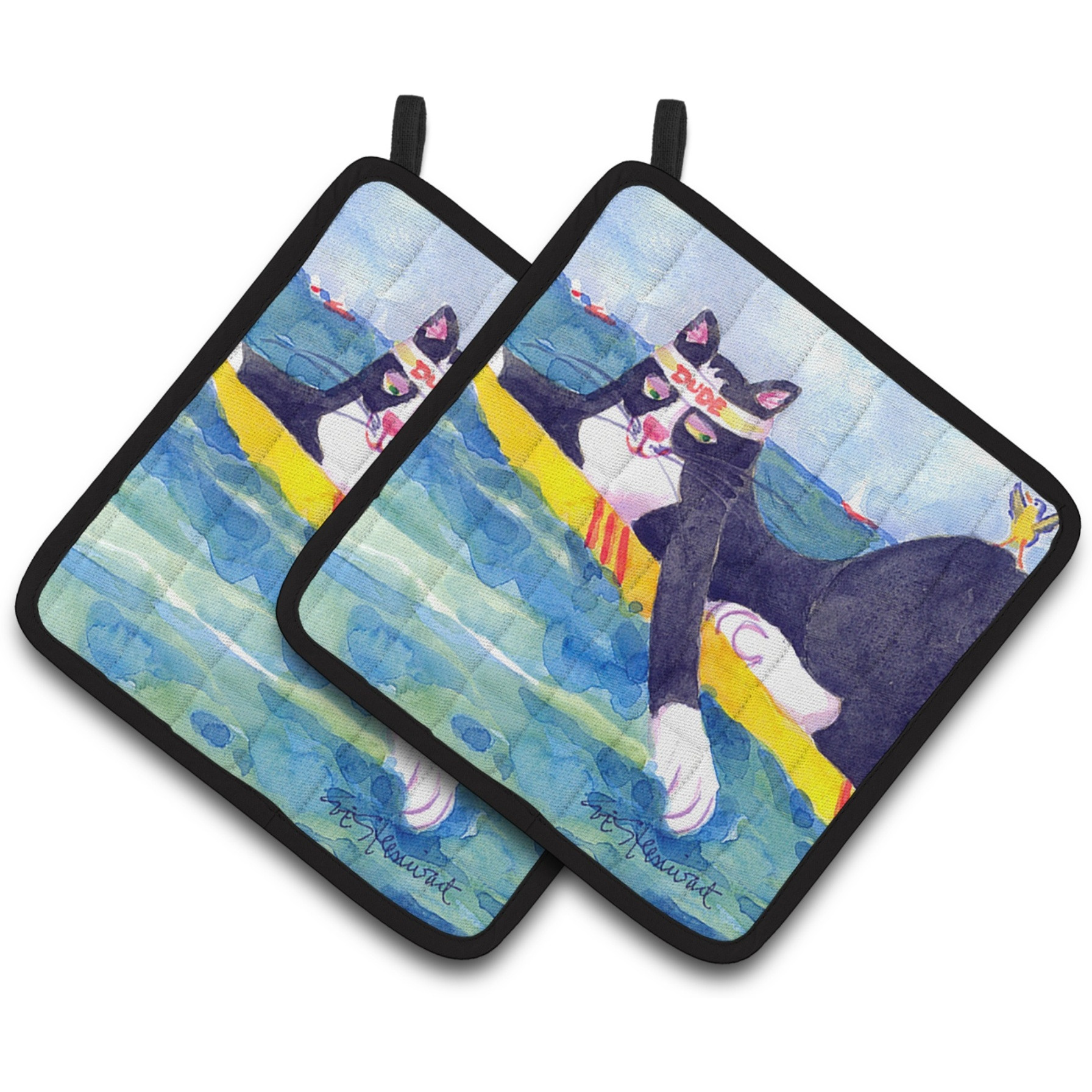 &quotCaroline's Treasures black & White Cat Surfin Bird Pair of Pot Holders 6051PTHD, 7.5HX7.5W, Multicolor"