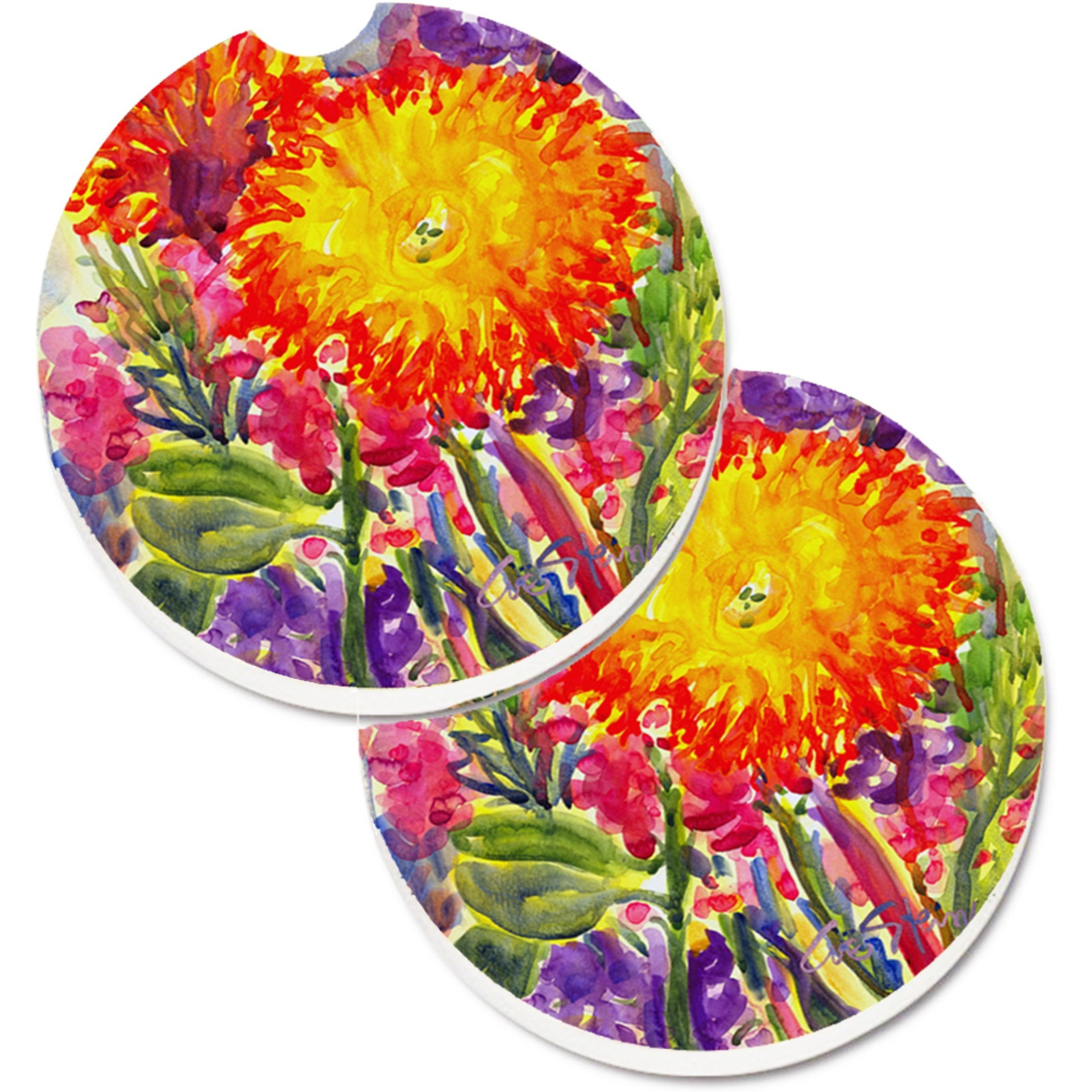 &quotCaroline's Treasures Flower - Aster Set of 2 Cup Holder Car Coasters 6077CARC, 2.56, Multicolor"