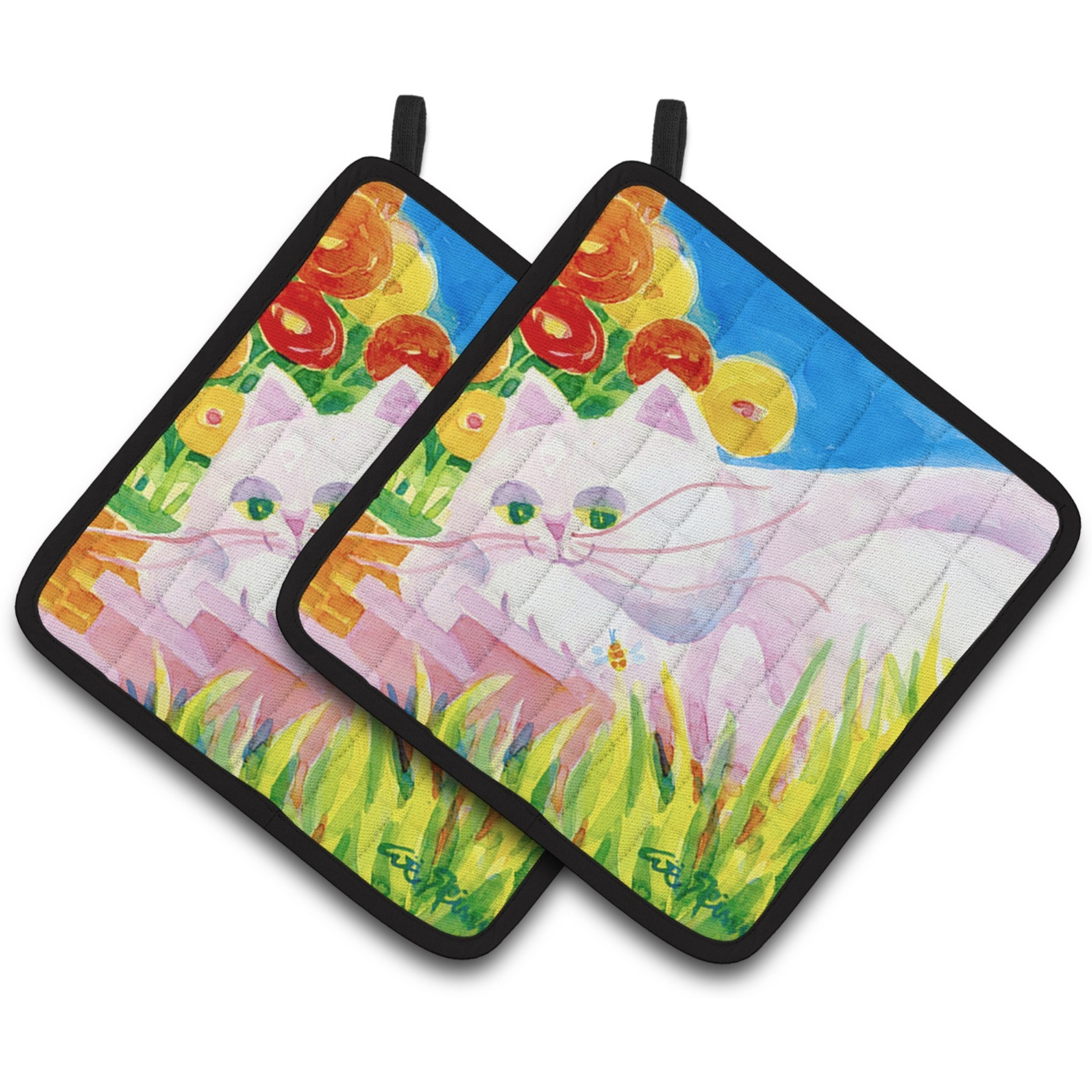 &quotCaroline's Treasures White Cat Pair of Pot Holders 6102PTHD, 7.5HX7.5W, Multicolor"