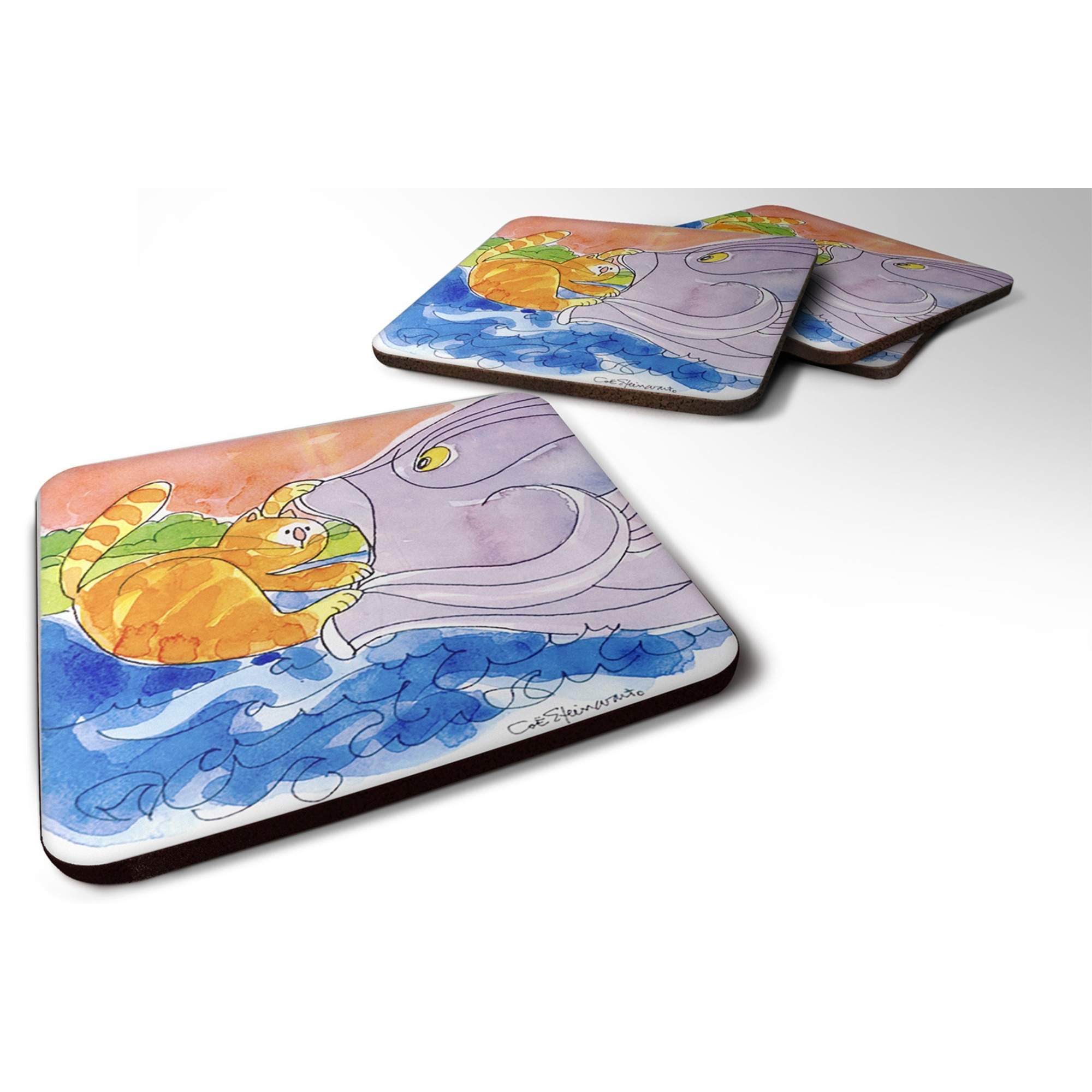 &quotCaroline's Treasures 6103FC Cat and the Big Fish Foam Coasters (Set of 4), 3.5"" H x 3.5"" W, Multicolor"