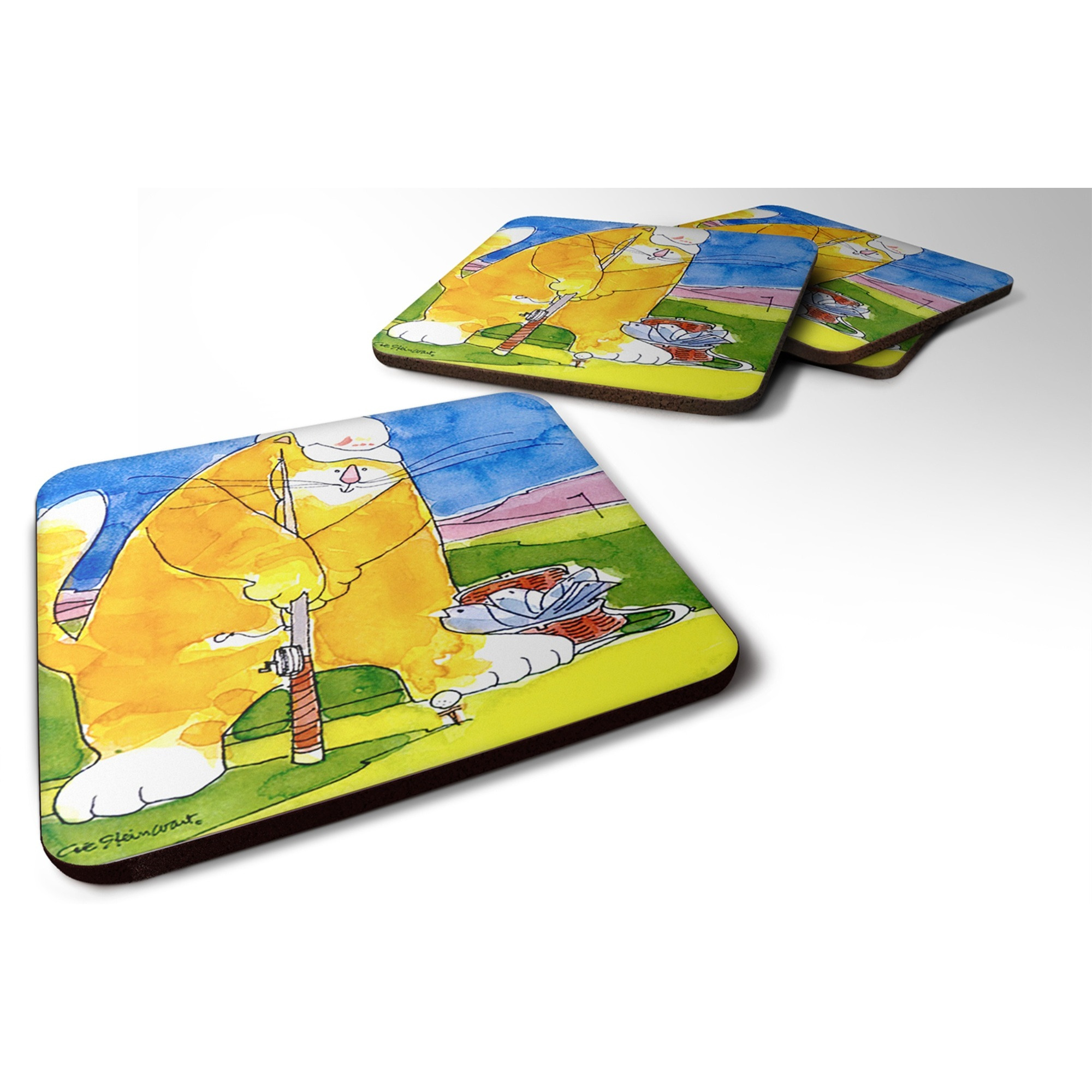 &quotCaroline's Treasures 6105FC Big Cat golfing with a Fishing Pole Foam Coasters (Set of 4), 3.5"" H x 3.5"" W, Multicolor"