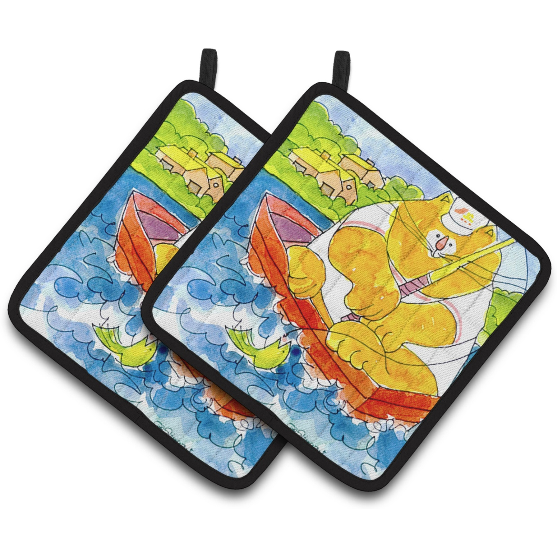 &quotCaroline's Treasures Big Orange Cat Fishing Pair of Pot Holders 6107PTHD, 7.5HX7.5W, Multicolor"