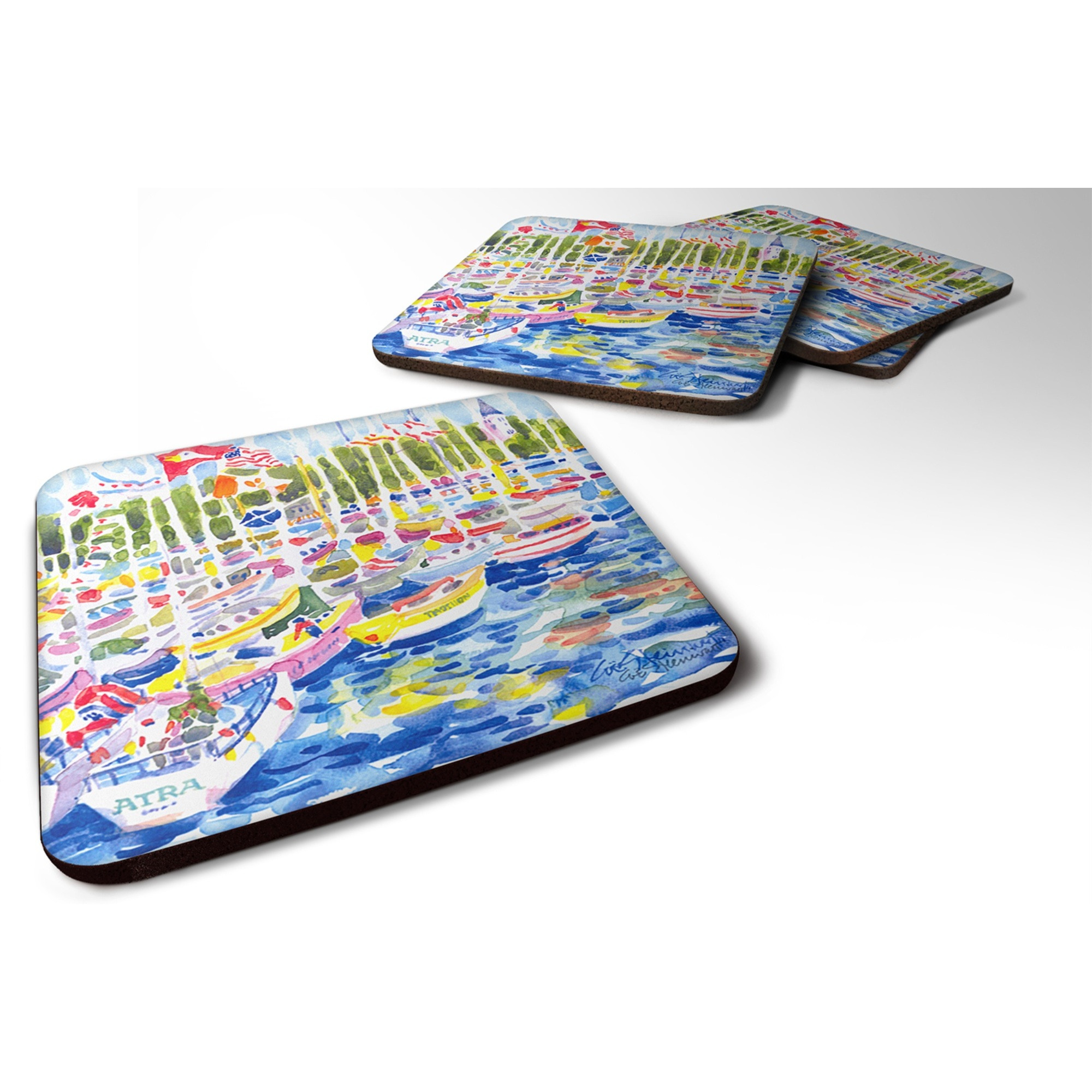 &quotCaroline's Treasures 6117FC Bunch of Boats at Harbour Foam Coasters (Set of 4), 3.5"" H x 3.5"" W, Multicolor"