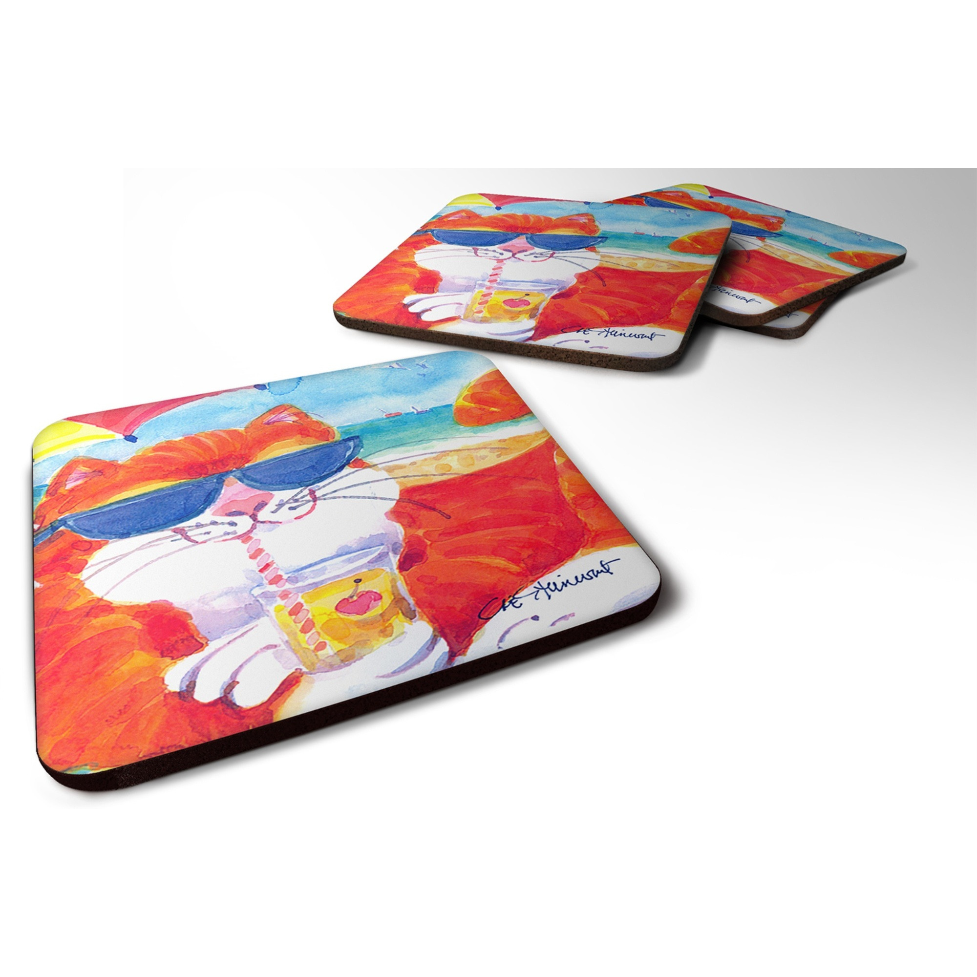 &quotCaroline's Treasures 6118FC Cool Cat with Sunglasses at the Beach Foam Coasters (Set of 4), 3.5"" H x 3.5"" W, Multicolor"