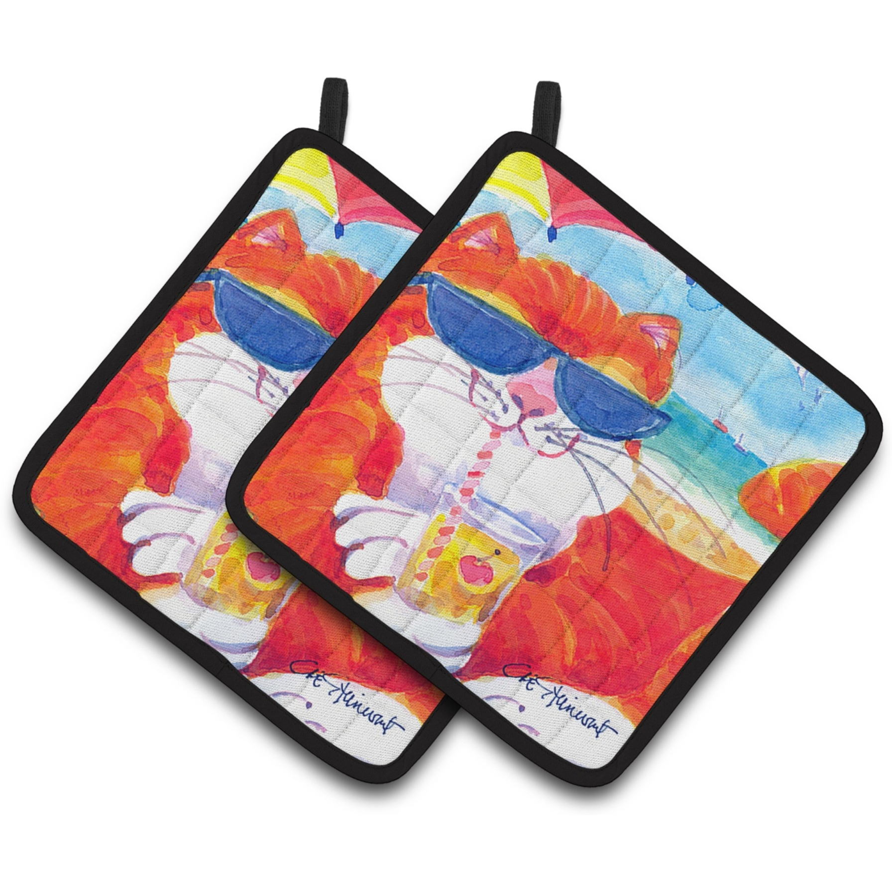&quotCaroline's Treasures Cool Cat with Sunglasses At The Beach Pair of Pot Holders 6118PTHD, 7.5HX7.5W, Multicolor"