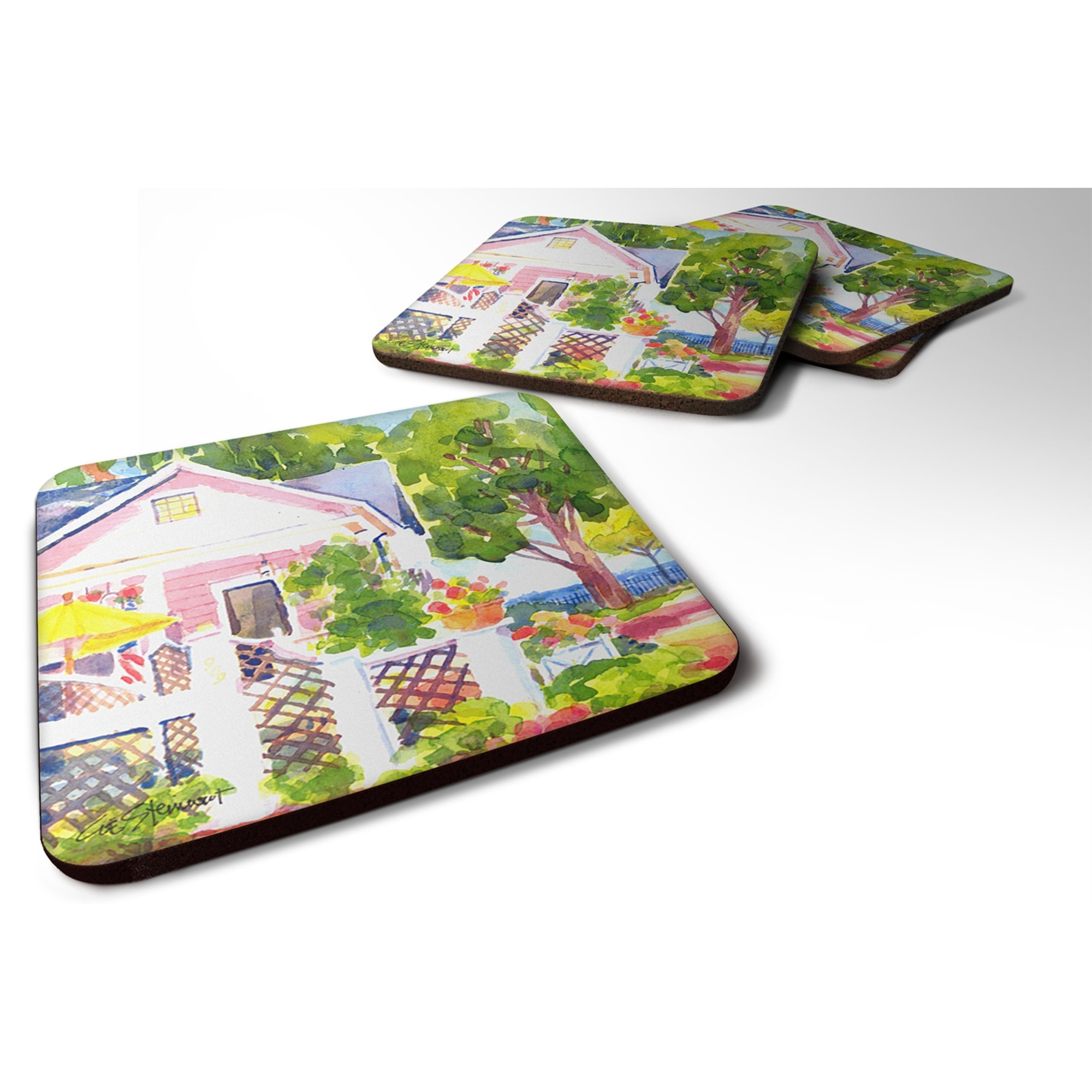 &quotCaroline's Treasures 6130FC White Cottage at the Beach Foam Coasters (Set of 4), 3.5"" H x 3.5"" W, Multicolor"