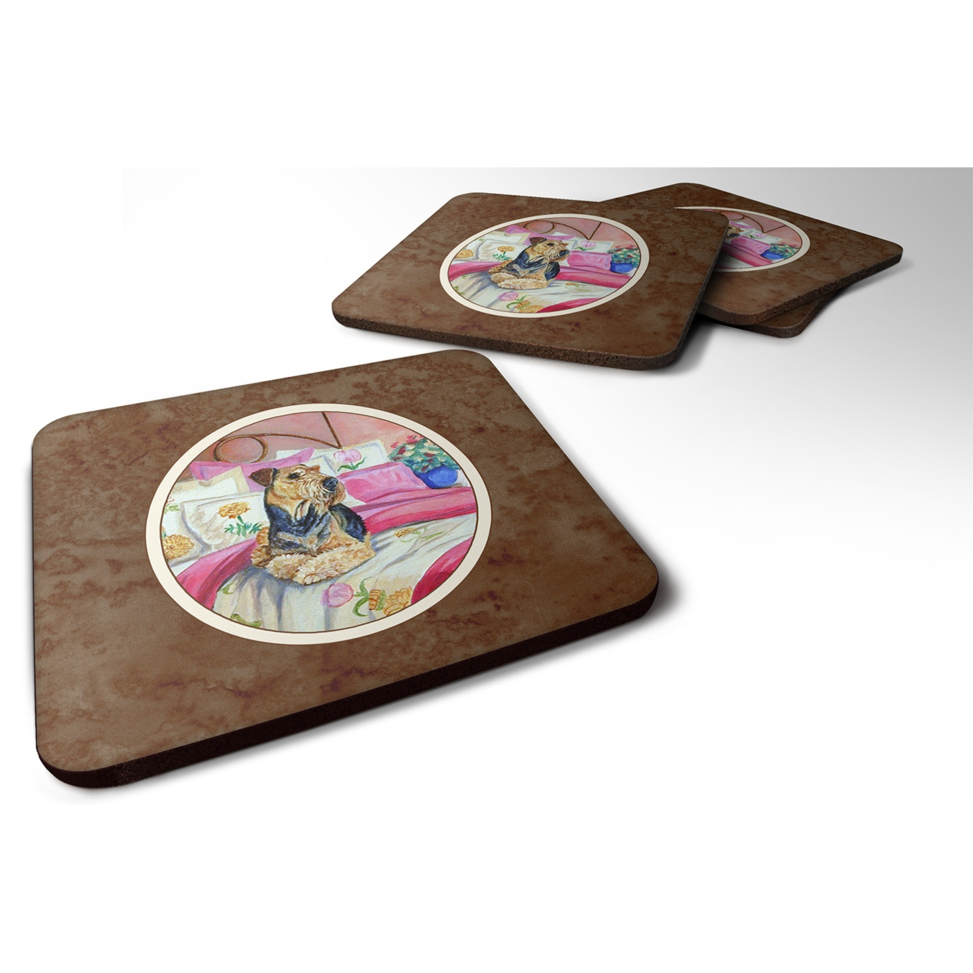 &quotCaroline's Treasures 7006FC Airedale Waiting On Mom Foam Coasters (Set of 4), 3.5"", Multicolor"