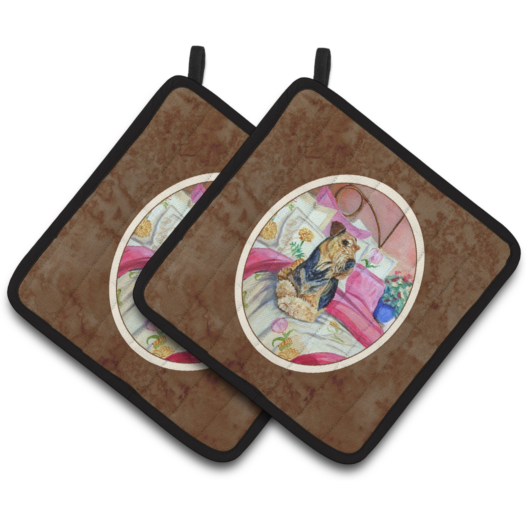 &quotCaroline's Treasures Airedale Waiting On Mom Pair of Pot Holders 7006PTHD, 7.5HX7.5W, Multicolor"