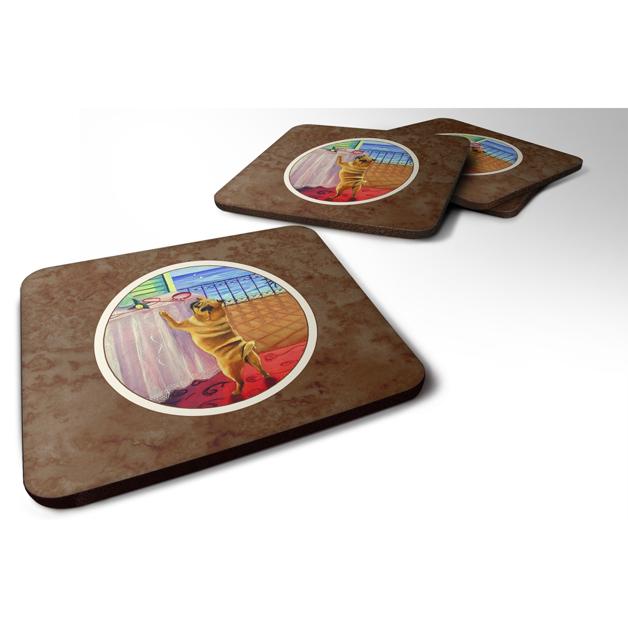 &quotCaroline's Treasures 7027FC Helping Himself Fawn Pug Foam Coasters (Set of 4), 3.5"", Multicolor"