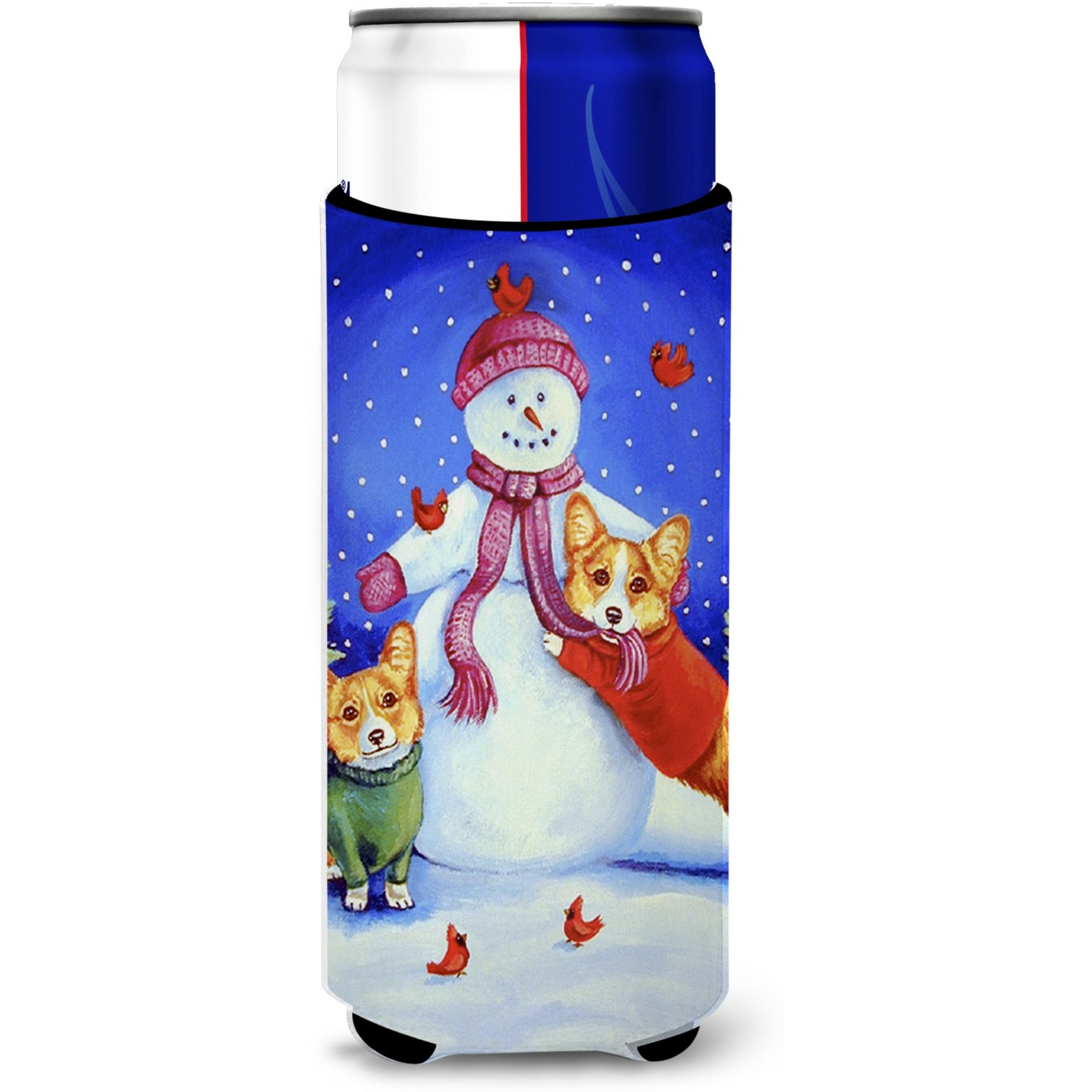 Snowman with Corgi Ultra Beverage Insulators for slim cans 7048MUK