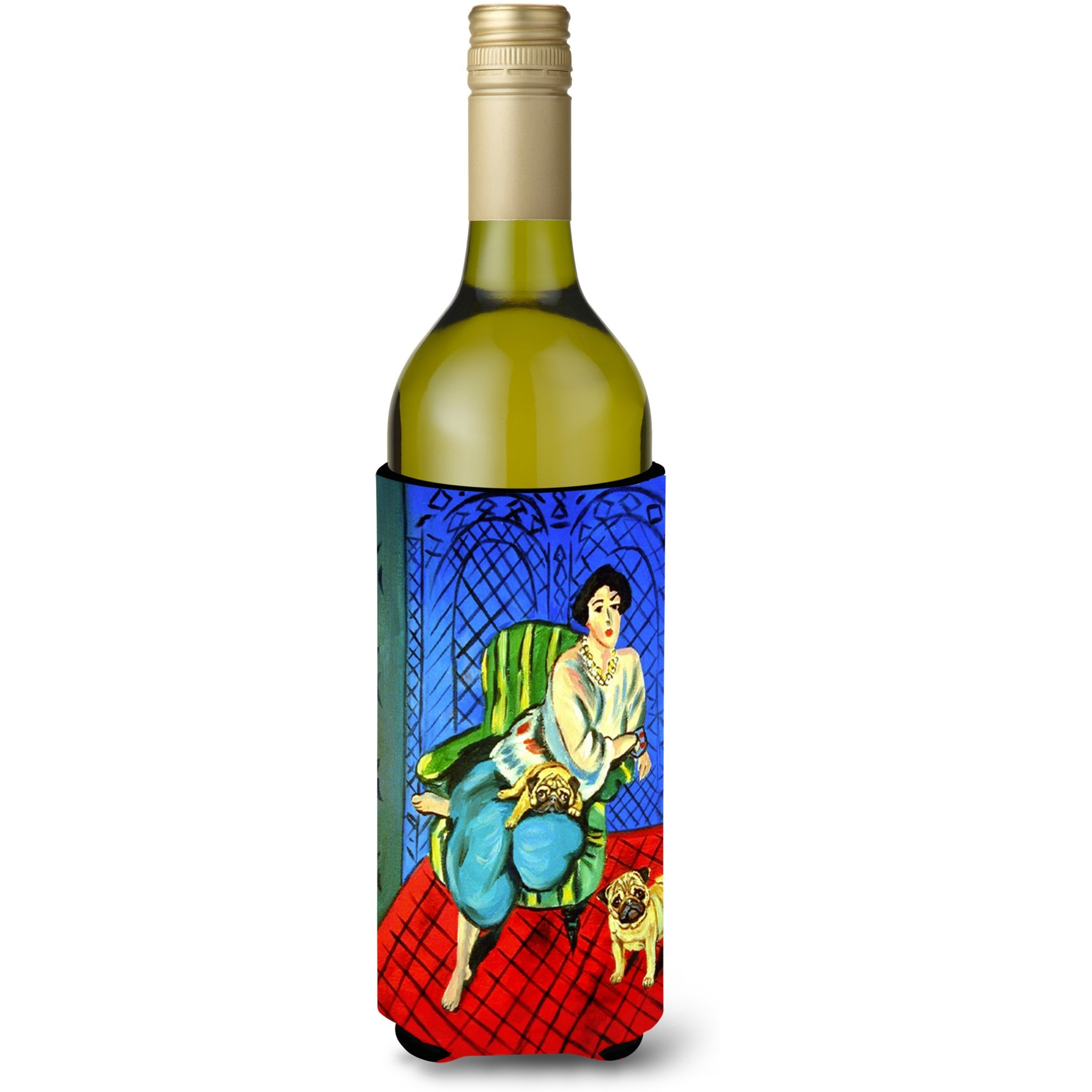 Lady with her  Fawn Pug Wine Bottle Beverage Insulator Beverage Insulator Hugger