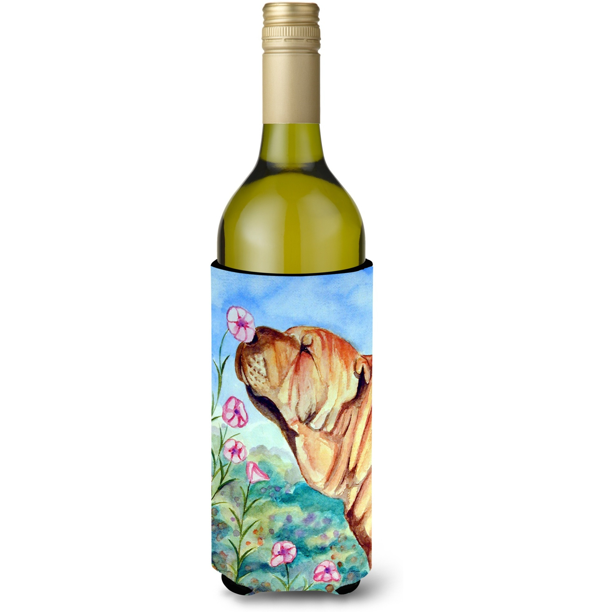 Shar Pei Smell the flowers Wine Bottle Beverage Insulator Beverage Insulator Hugger