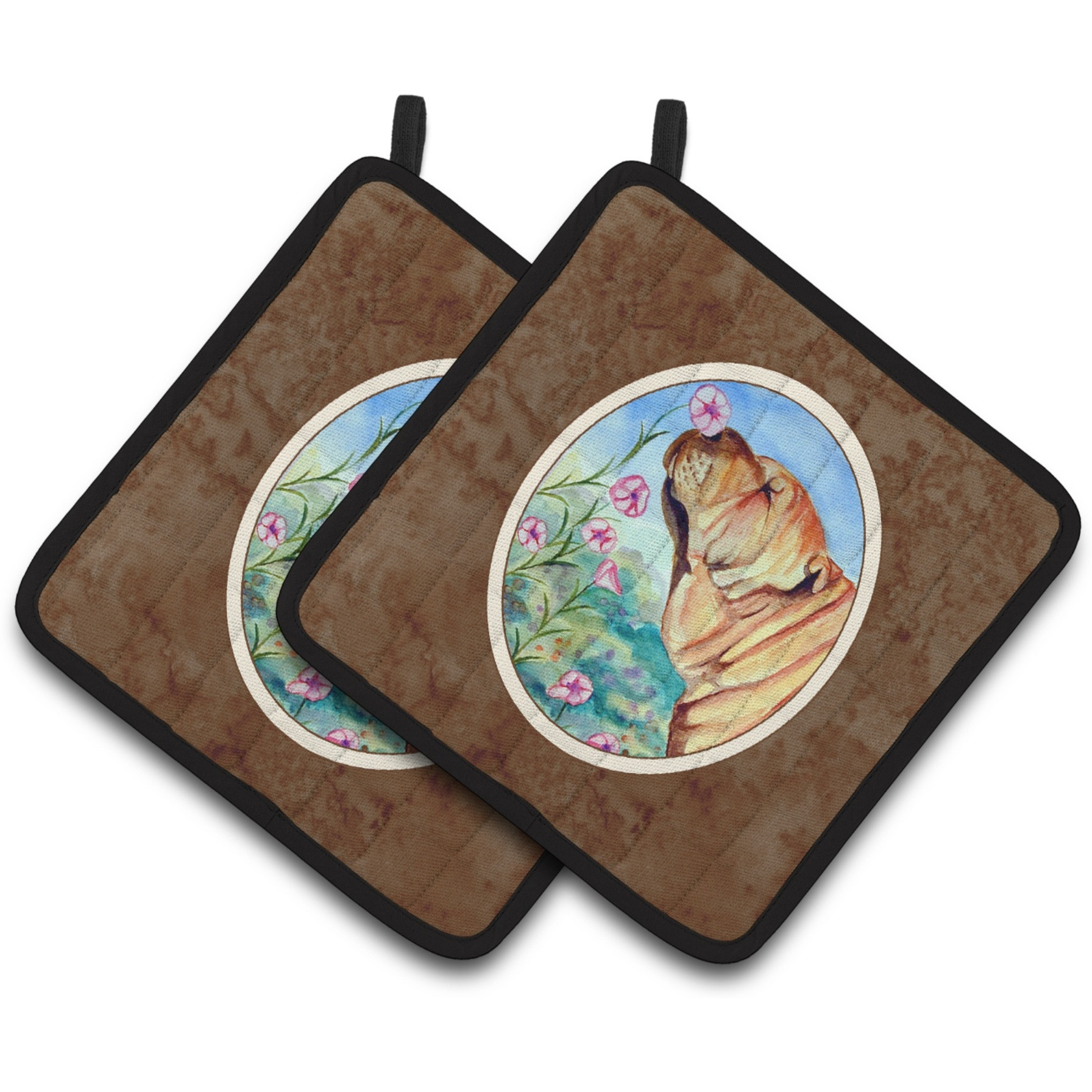 &quotCaroline's Treasures Shar Pei Smell The Flowers Pair of Pot Holders 7105PTHD, 7.5HX7.5W, Multicolor"