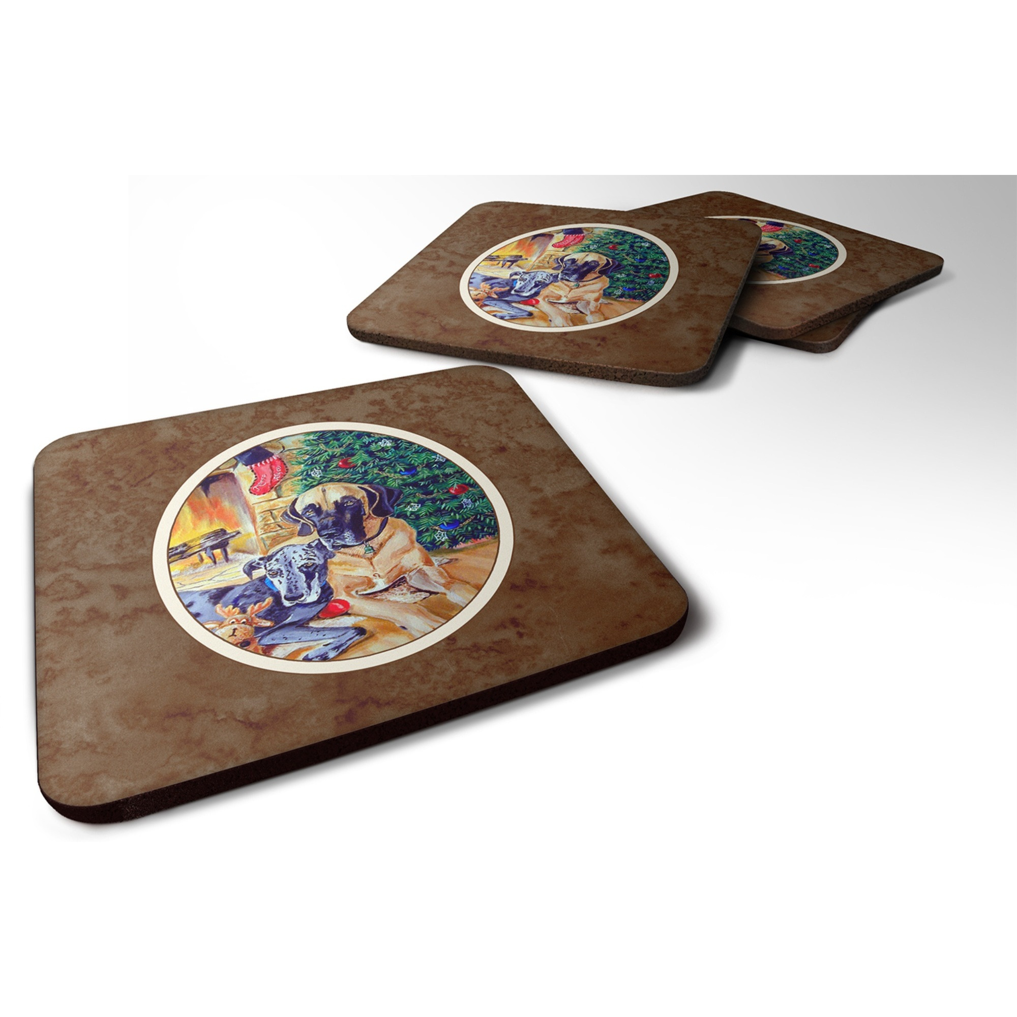 &quotCaroline's Treasures 7111FC Fawn And Blue Great Dane Waiting On Christmas Foam Coasters (Set of 4), 3.5"", Multicolor"