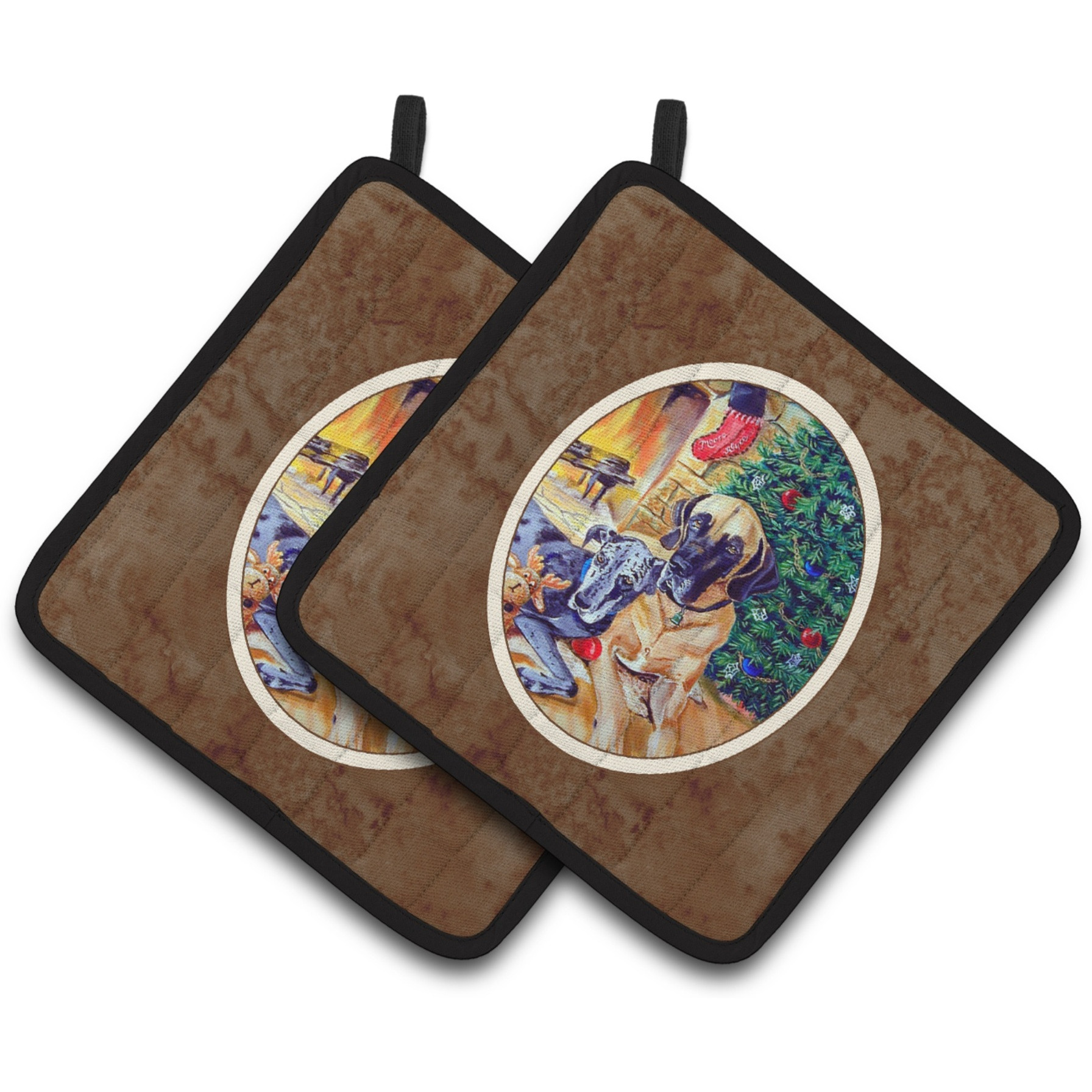 &quotCaroline's Treasures Fawn & Blue Great Dane Waiting On Christmas Pair of Pot Holders 7111PTHD, 7.5HX7.5W, Multicolor"