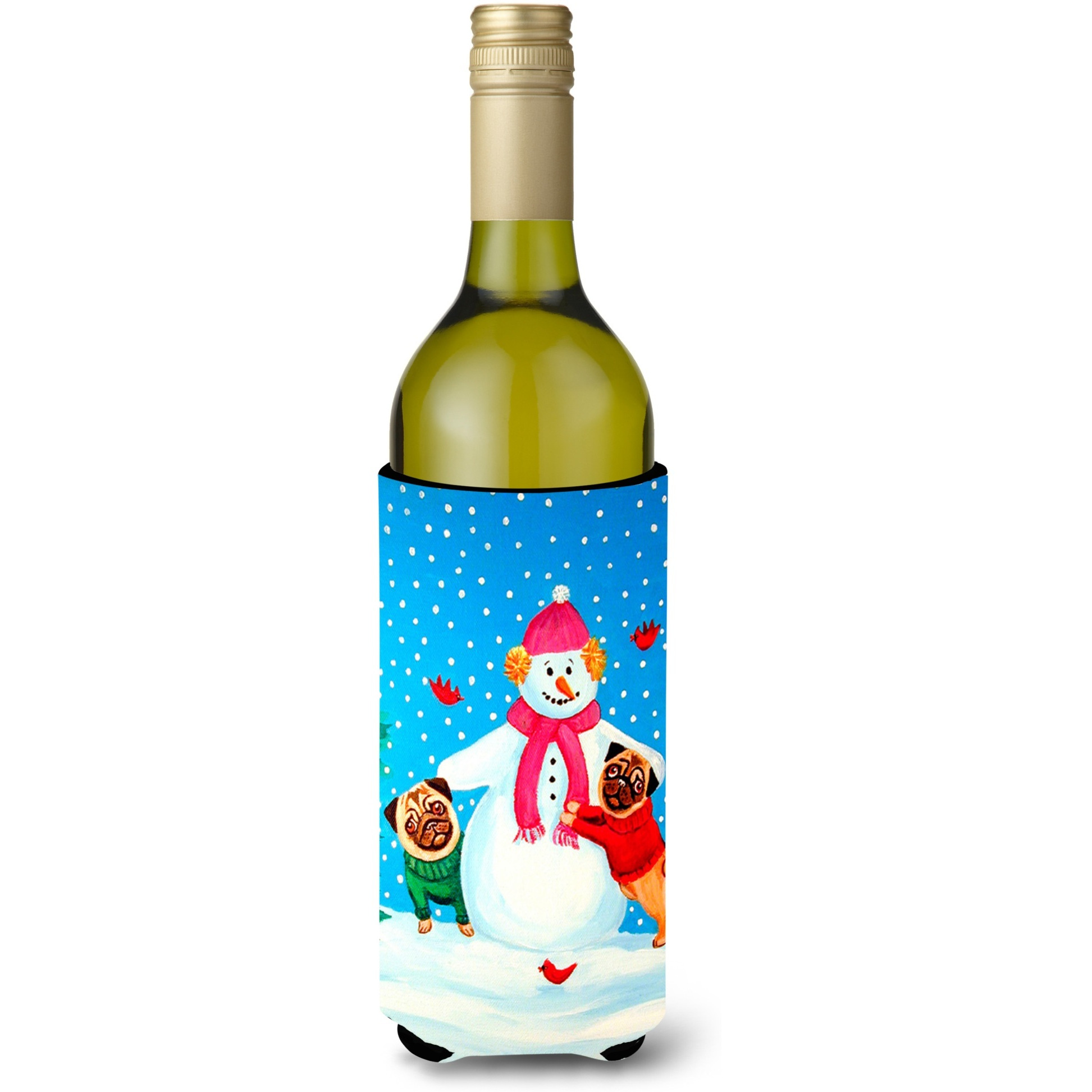 Snowman with Pug Winter Snowman Wine Bottle Beverage Insulator Beverage Insulator Hugger
