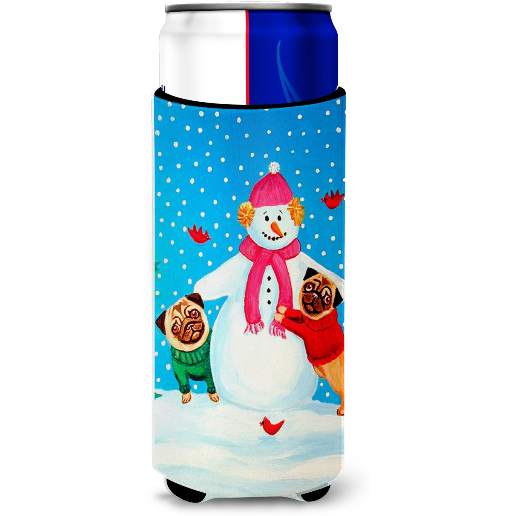 Snowman with Pug Winter Snowman Ultra Beverage Insulators for slim cans 7115MUK