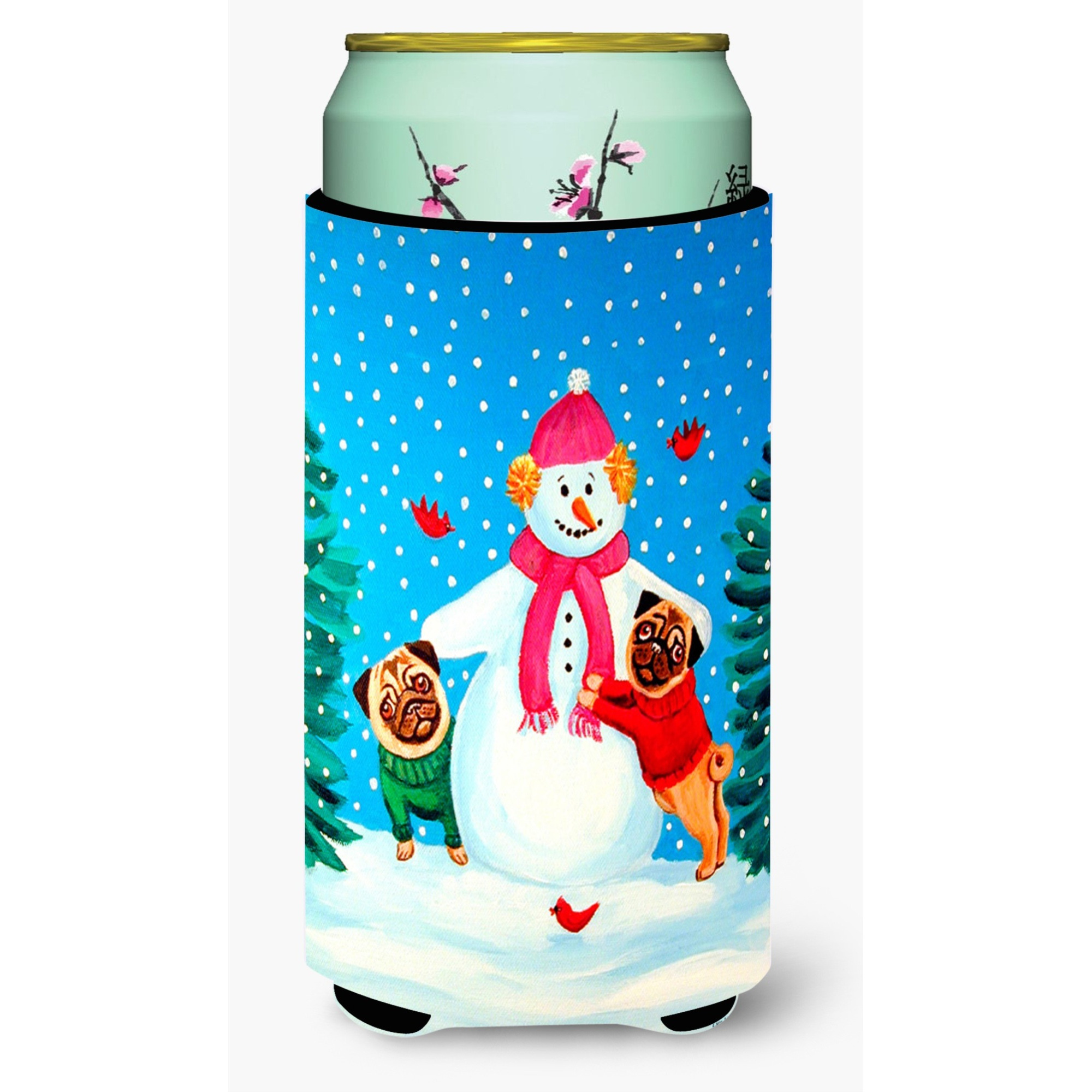 Snowman with Pug Winter Snowman  Tall Boy Beverage Insulator Beverage Insulator Hugger