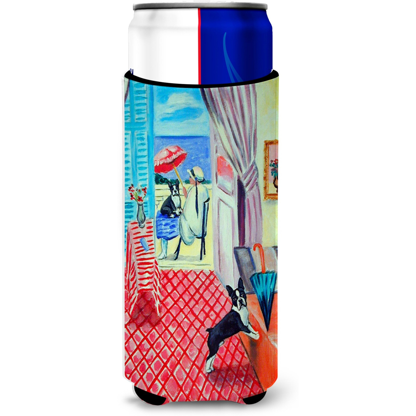 Lady with her Boston Terrier Ultra Beverage Insulators for slim cans 7120MUK