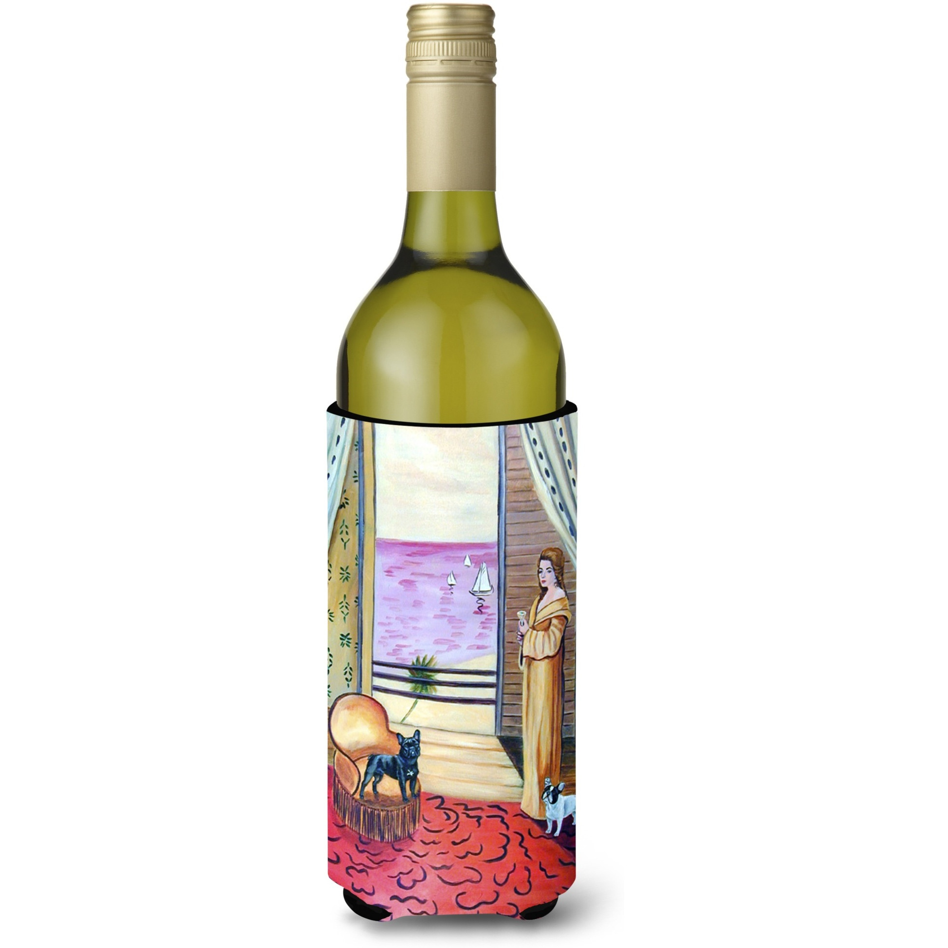 French Bulldog and lady Wine Bottle Beverage Insulator Beverage Insulator Hugger
