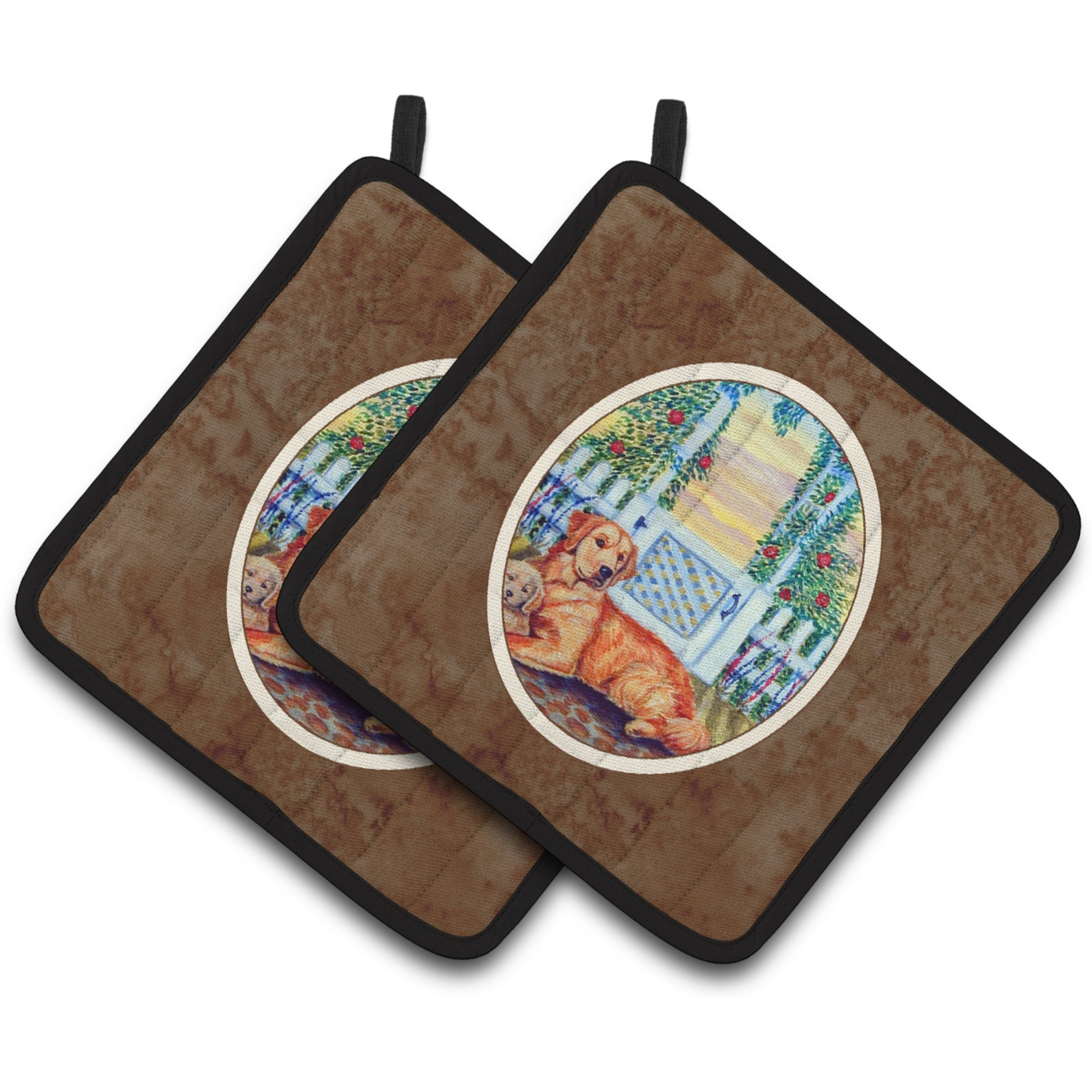 &quotCaroline's Treasures Golden Retriever & Puppy At The Fence Pair of Pot Holders 7148PTHD, 7.5HX7.5W, Multicolor"