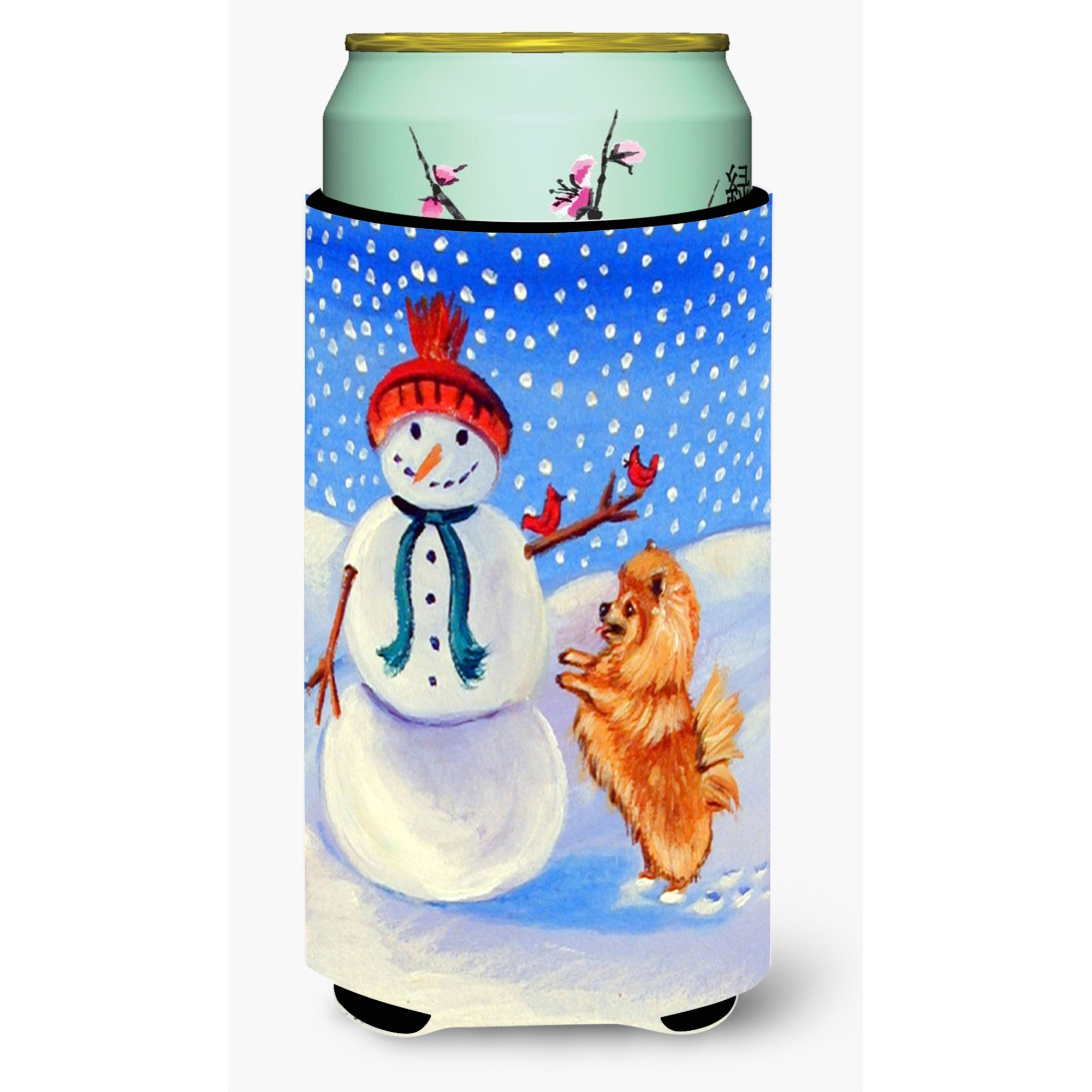 Snowman with Pomeranian Winter Snowman  Tall Boy Beverage Insulator Beverage Insulator Hugger