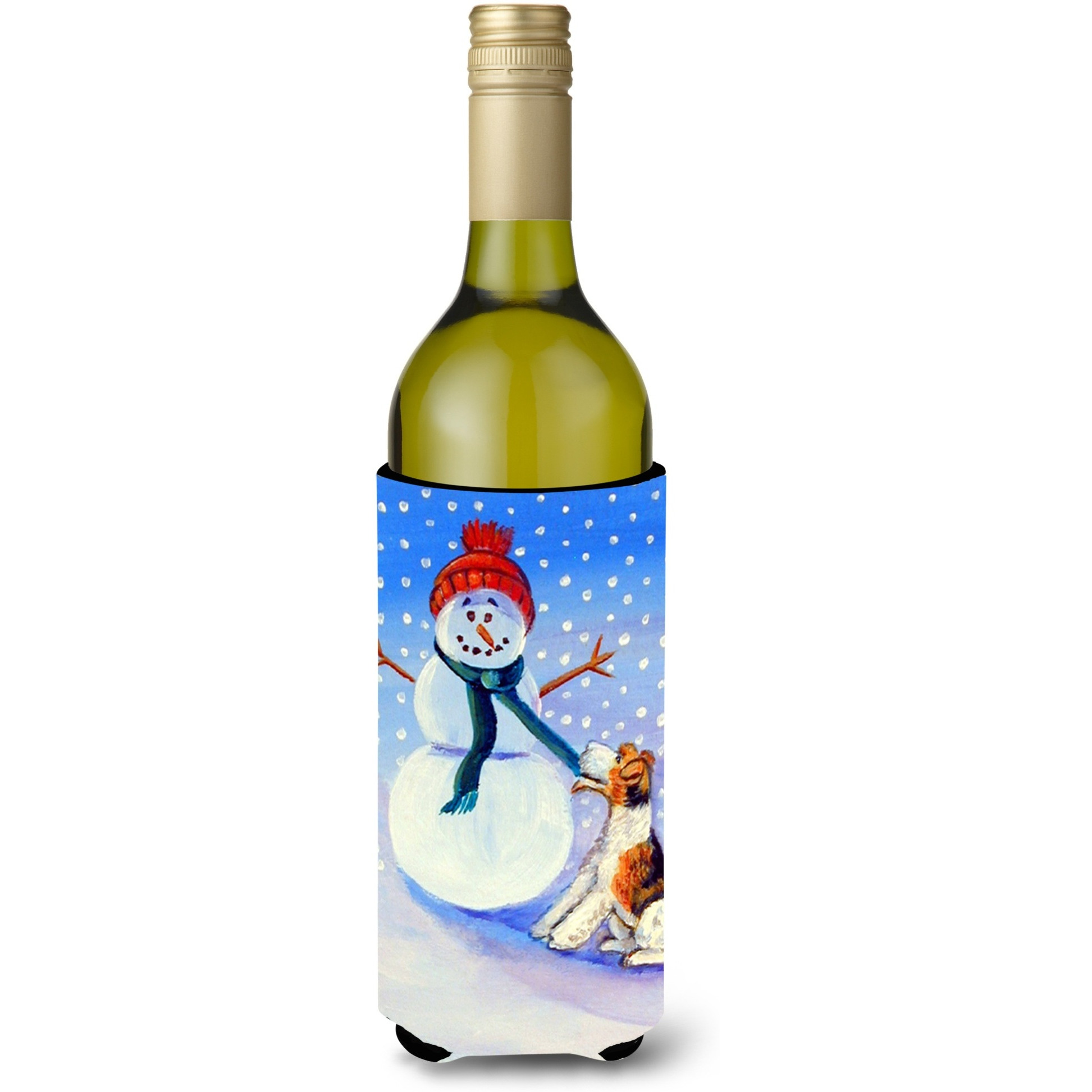 Snowman with  Fox Terrier Wine Bottle Beverage Insulator Beverage Insulator Hugger