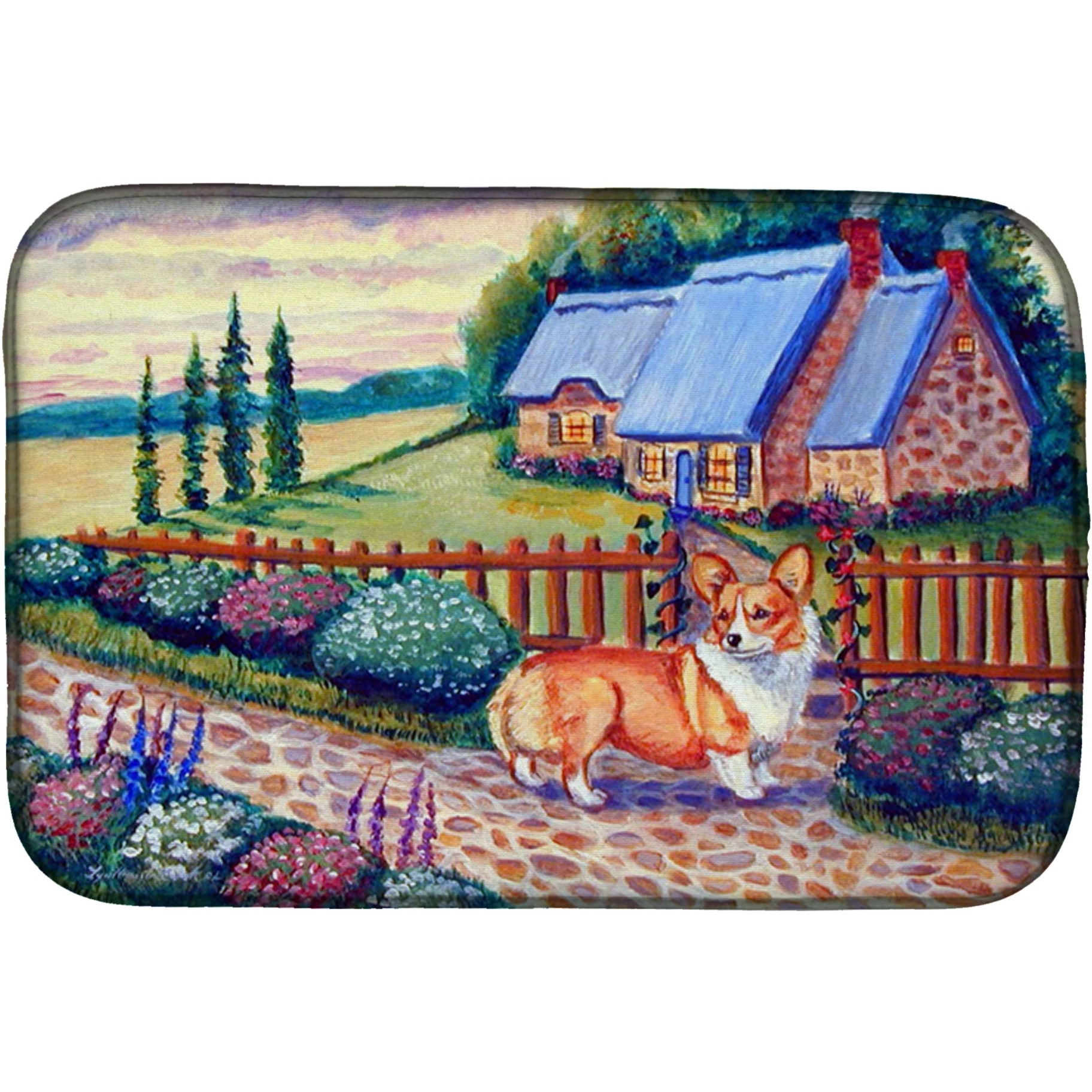 &quotCaroline's Treasures Pembroke Corgi At The Cottage Dish Drying Mat, 14"" x 21"", Multicolor"