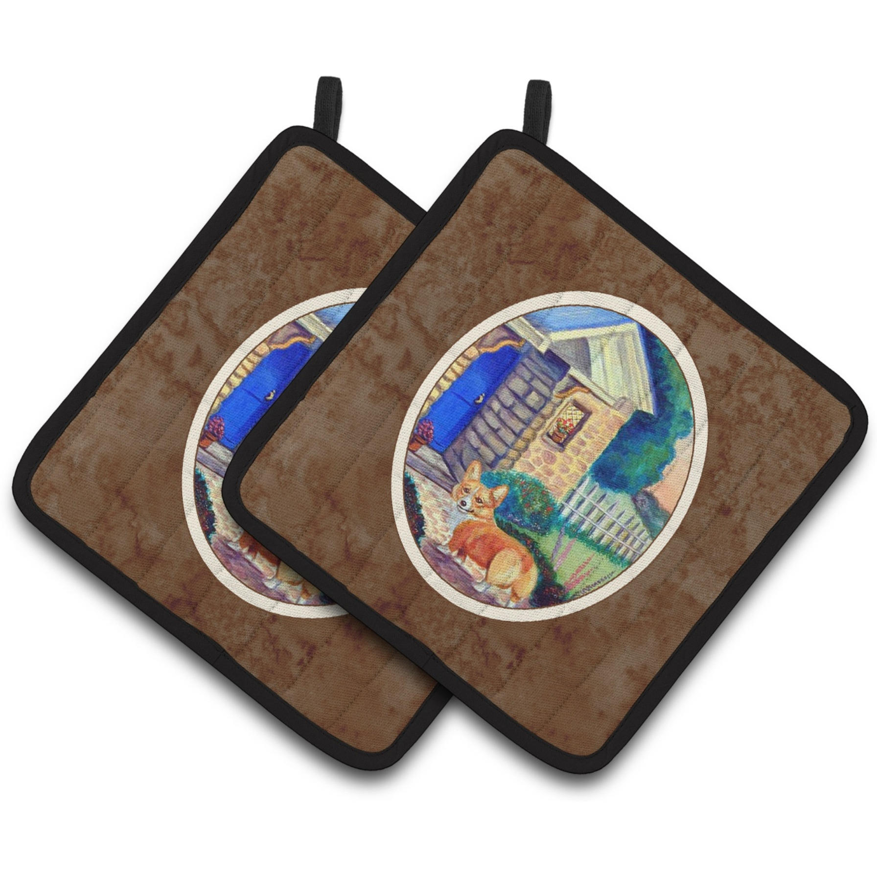 &quotCaroline's Treasures Corgi At The Cottage Pair of Pot Holders 7169PTHD, 7.5HX7.5W, Multicolor"