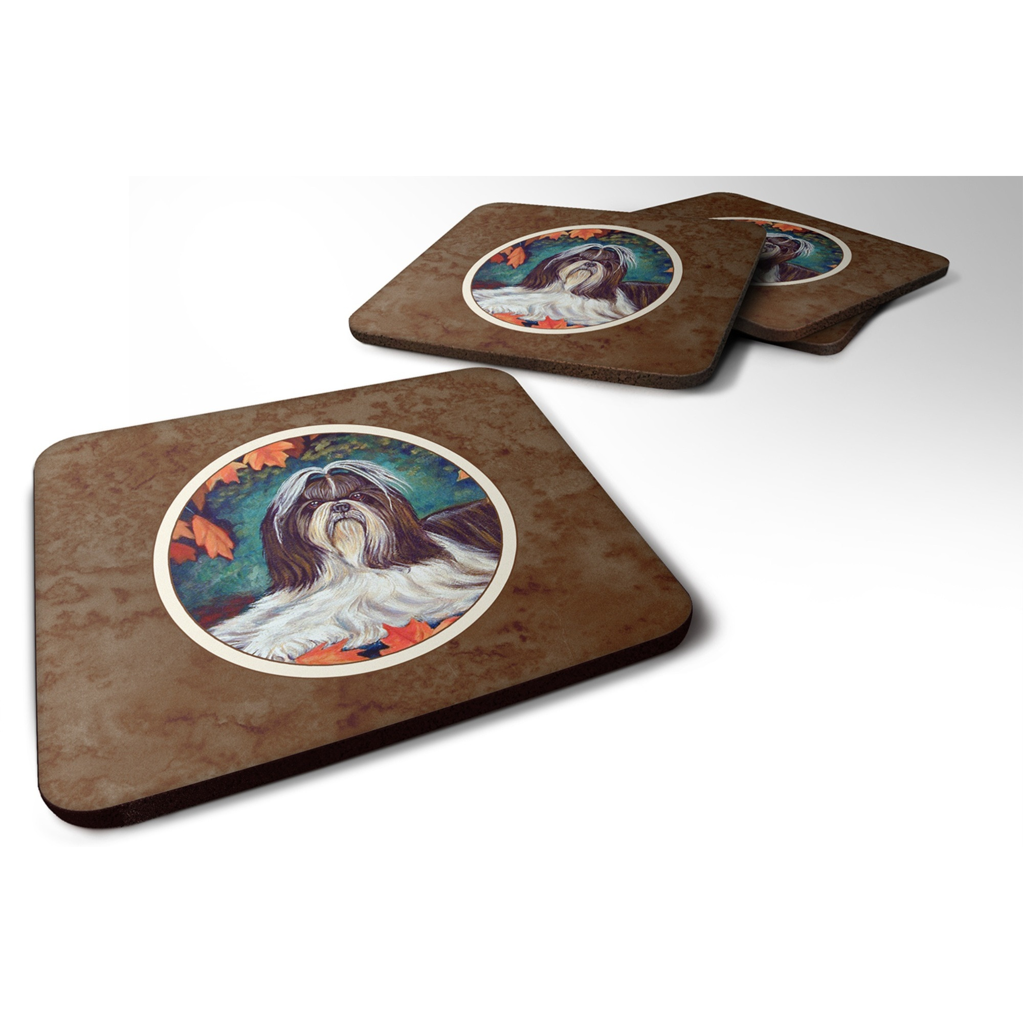 &quotCaroline's Treasures 7182FC Autumn Leaves Shih Tzu Foam Coasters (Set of 4), 3.5"", Multicolor"