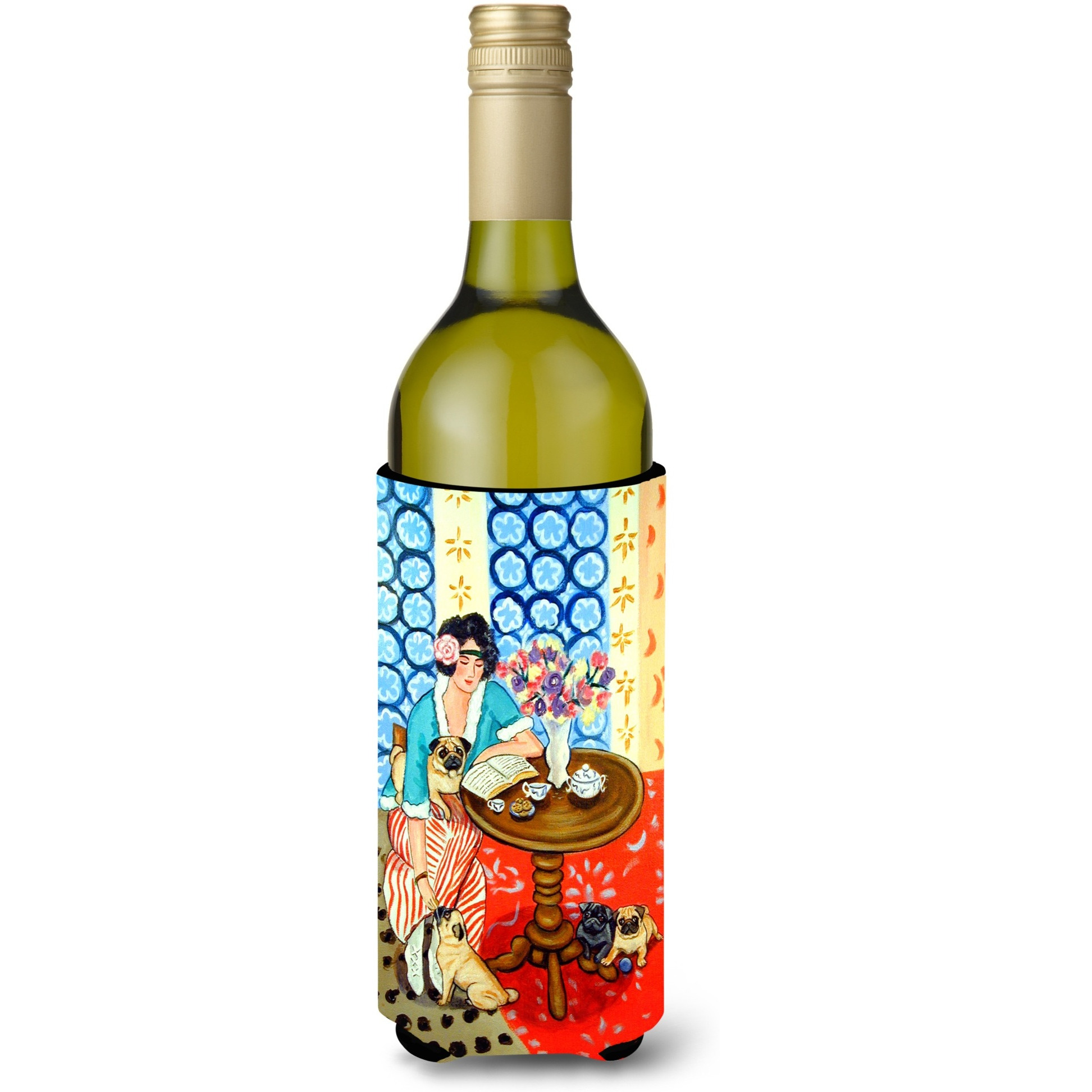 Lady with her Pug Wine Bottle Beverage Insulator Beverage Insulator Hugger 7259LITERK