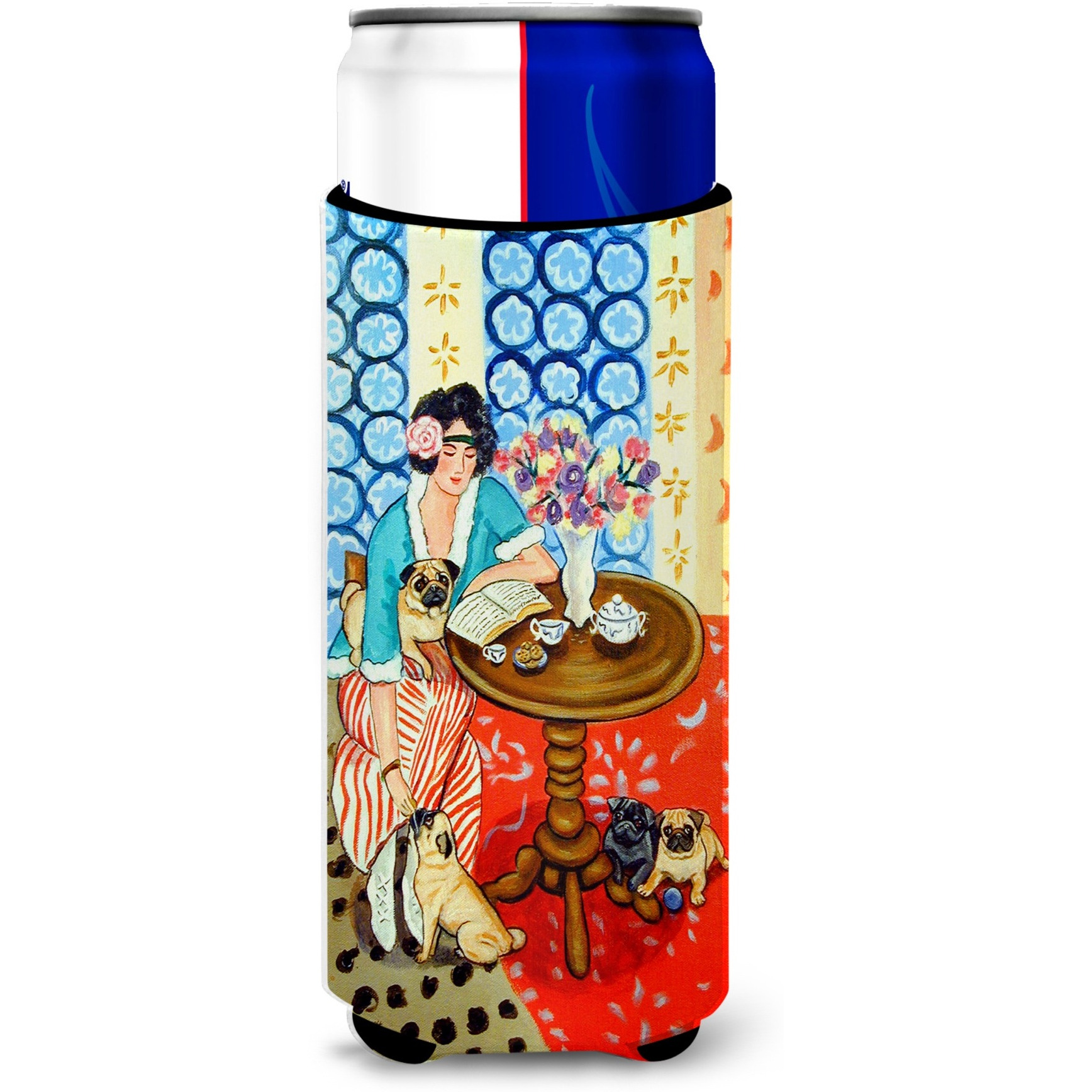 Lady with her Pug Ultra Beverage Insulators for slim cans 7259MUK