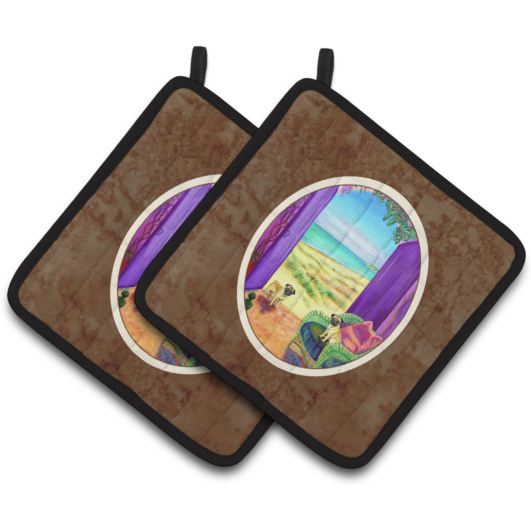 &quotCaroline's Treasures Pug Let's Go Outside Pair of Pot Holders 7261PTHD, 7.5HX7.5W, Multicolor"