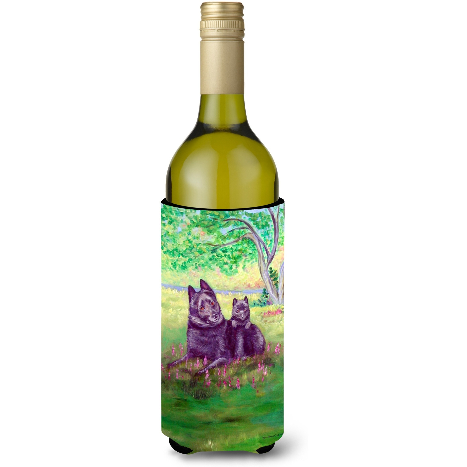 Schipperke and puppy Wine Bottle Beverage Insulator Beverage Insulator Hugger