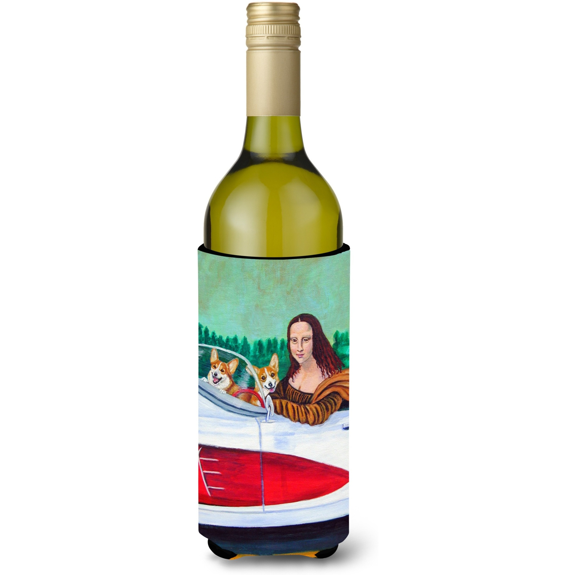 Mona Lisa with  Corgi Wine Bottle Beverage Insulator Beverage Insulator Hugger