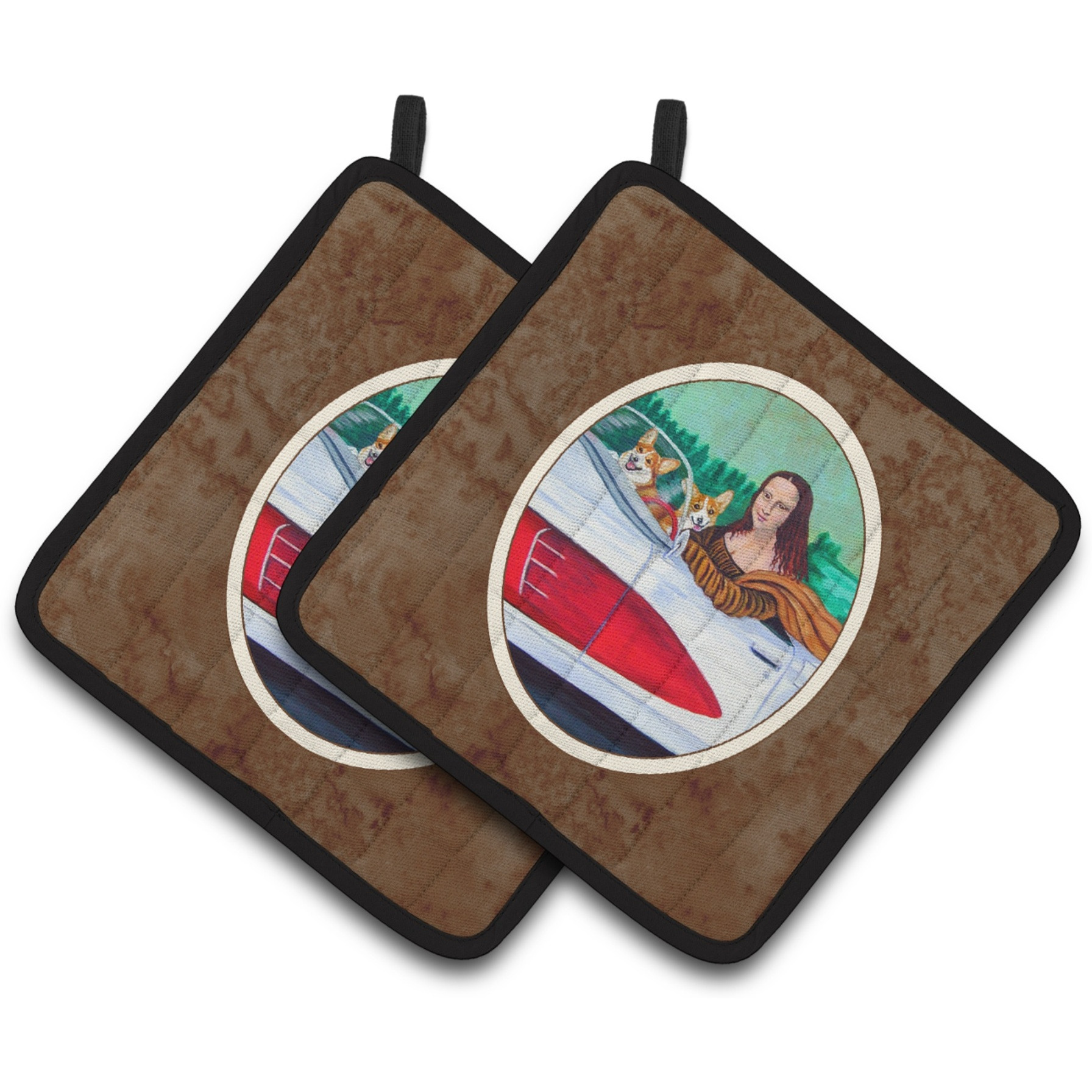 &quotCaroline's Treasures Mona Lisa with Corgi Pair of Pot Holders 7284PTHD, 7.5HX7.5W, Multicolor"