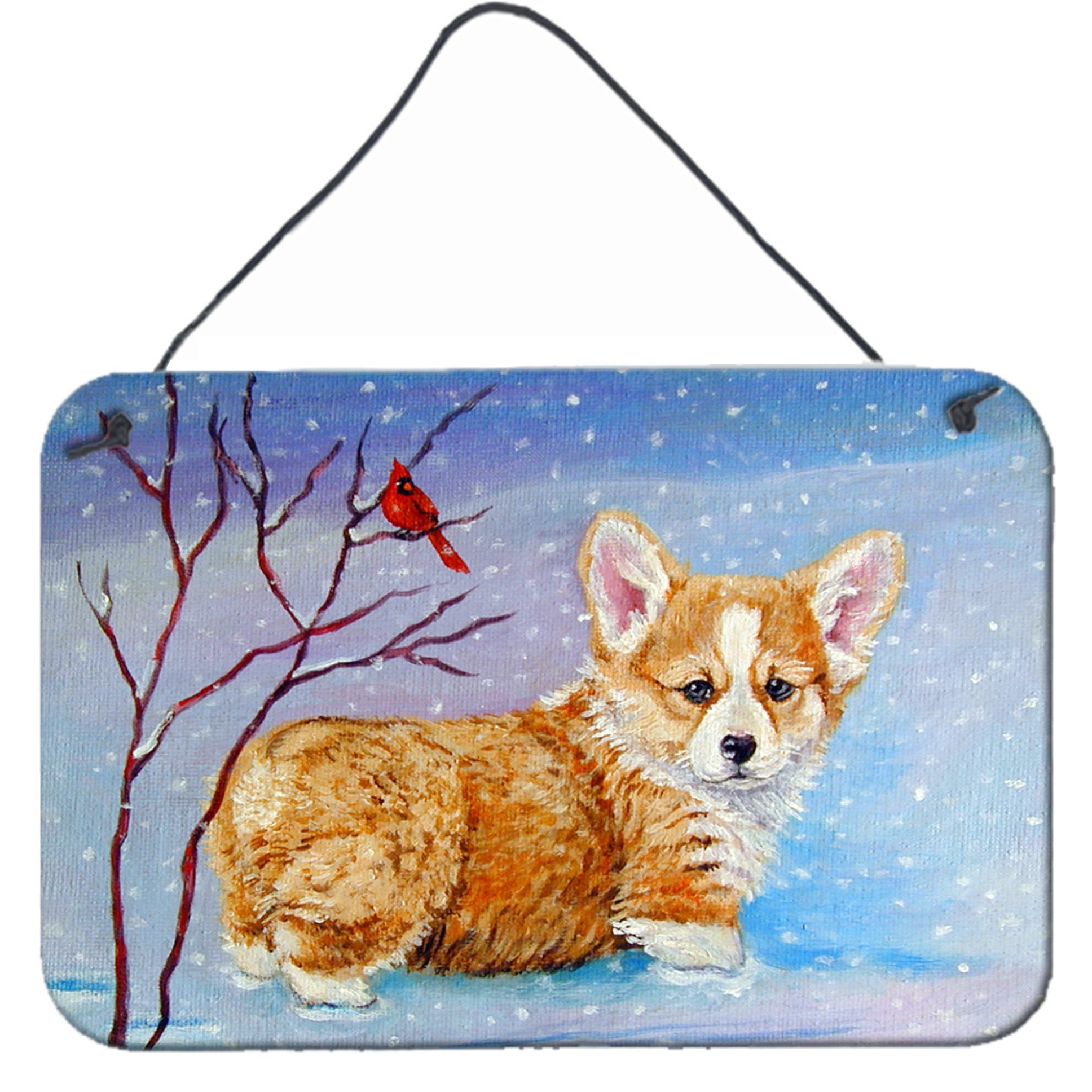 &quotCaroline's Treasures 7327DS812 Corgi Pup Snow Cardinal Wall or Door Hanging Prints, 8 x 12"", Multicolor"